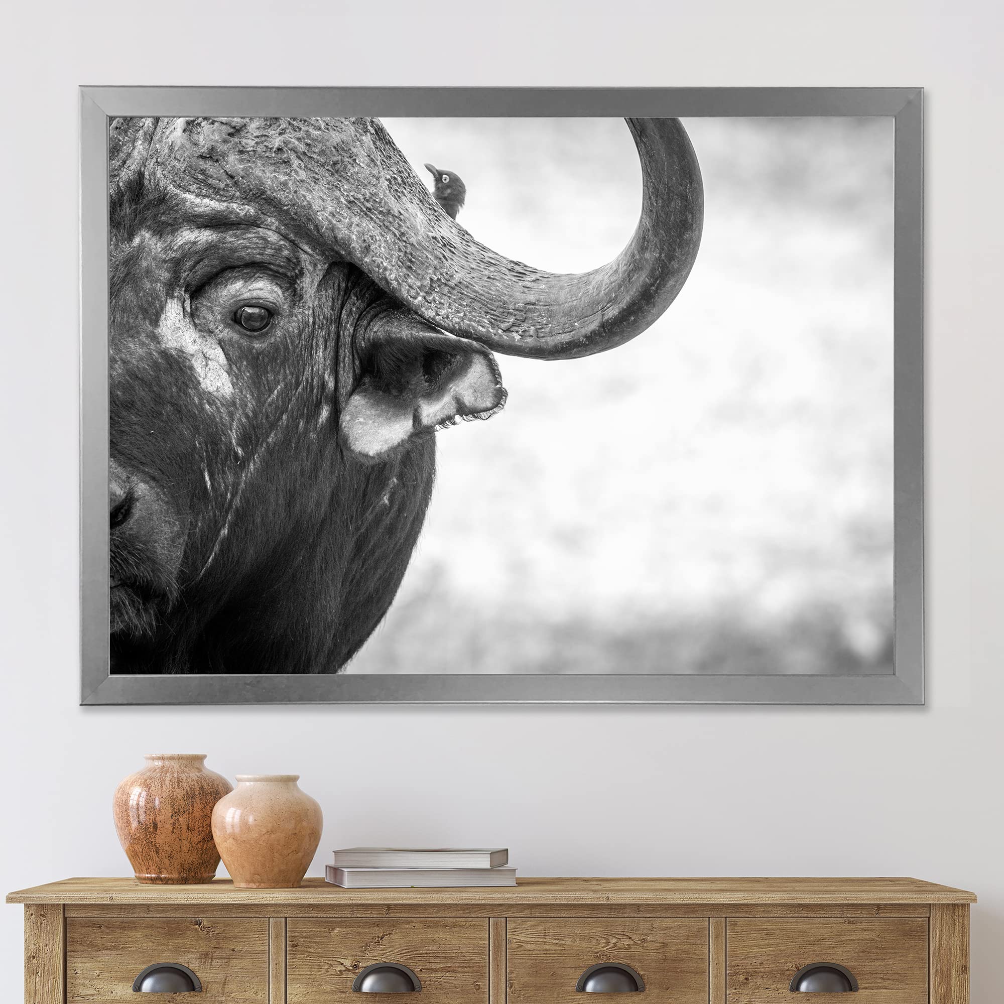 DesignQ Monochrome Buffalo Portrait III - Farmhouse Framed Wall Art Decor for Living Room, Bedroom & Office