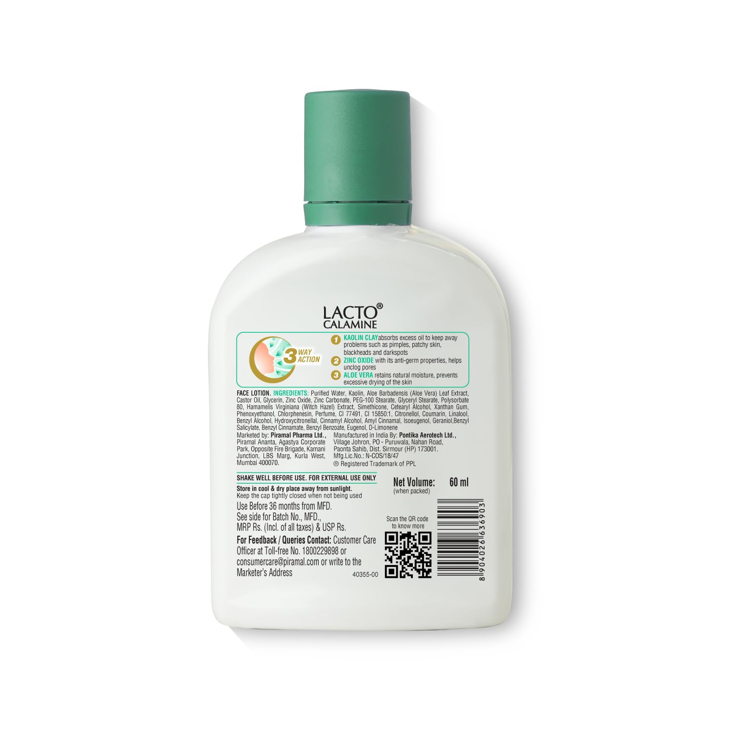 Lacto Calamine Face Lotion 60ml - Oil Control Daily Moisturizer for Combination & Normal Skin with Kaolin Clay & Aloe Vera | Reduces Pimples, Dark Spots & Blackheads | Lightweight Body Lotion for Clear, Healthy Skin | Perfect for Daily Skincare Routine & Acne-Prone Skin Care