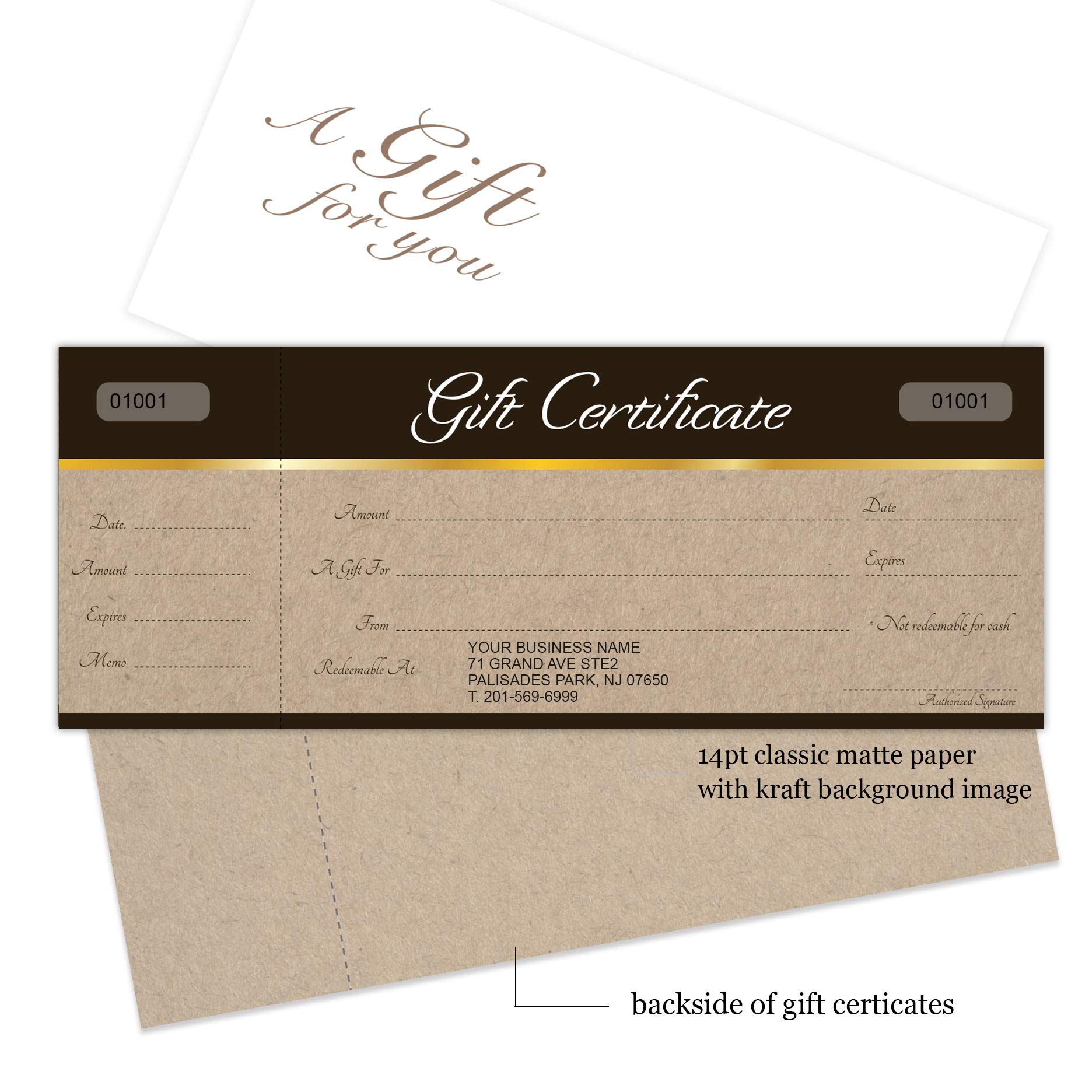 Custom Gift Certificate Cards with Envelopes - 100 Pack Kraft Paper Design - Small Business Gift Vouchers for Retail, Spa & Restaurant Rewards
