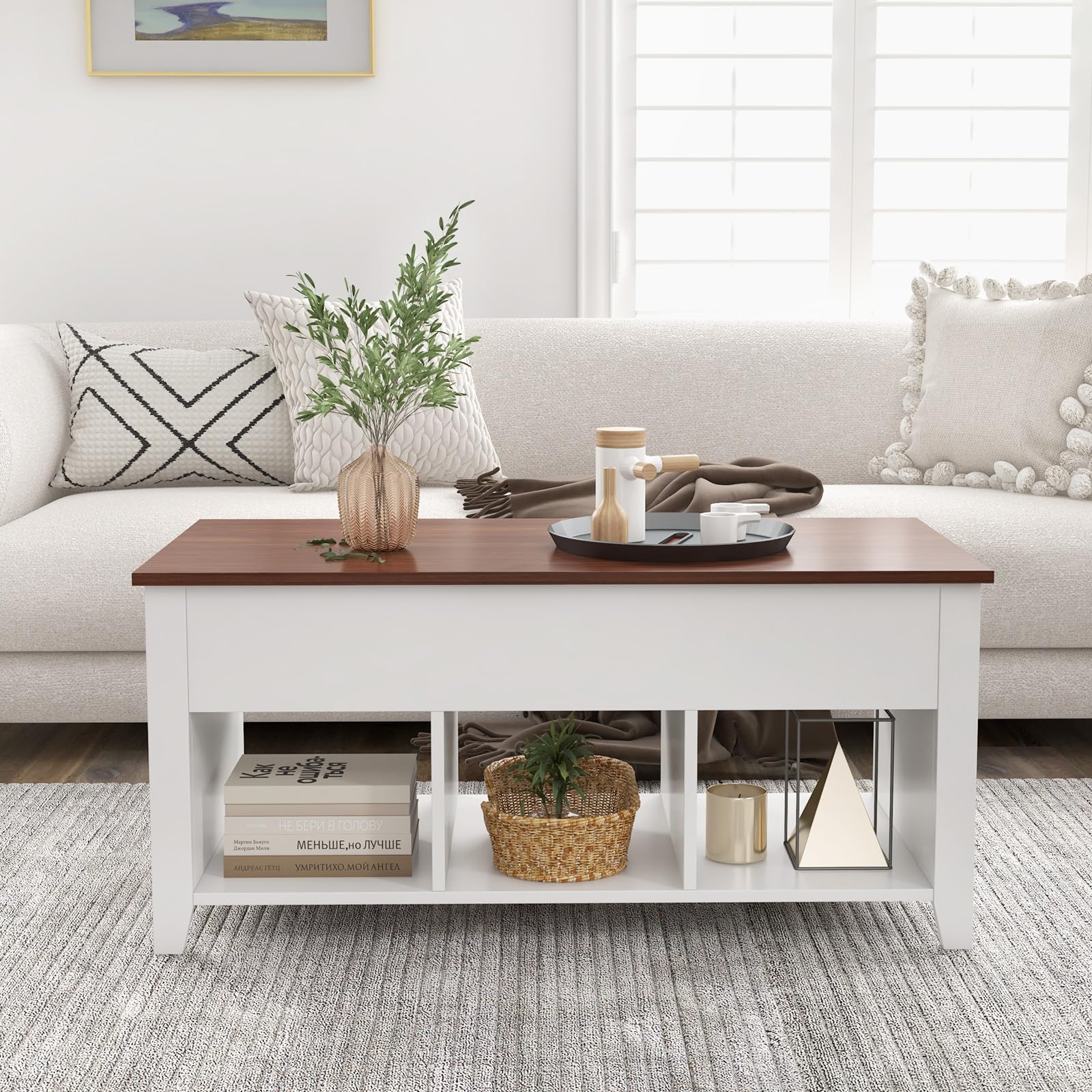 Lift Top Coffee Table with Hidden Storage Compartment & Display Shelves - Retro Style Living Room, Bedroom & Office Furniture - White & Brown Tea Dining Table for Small Spaces & Home Decor