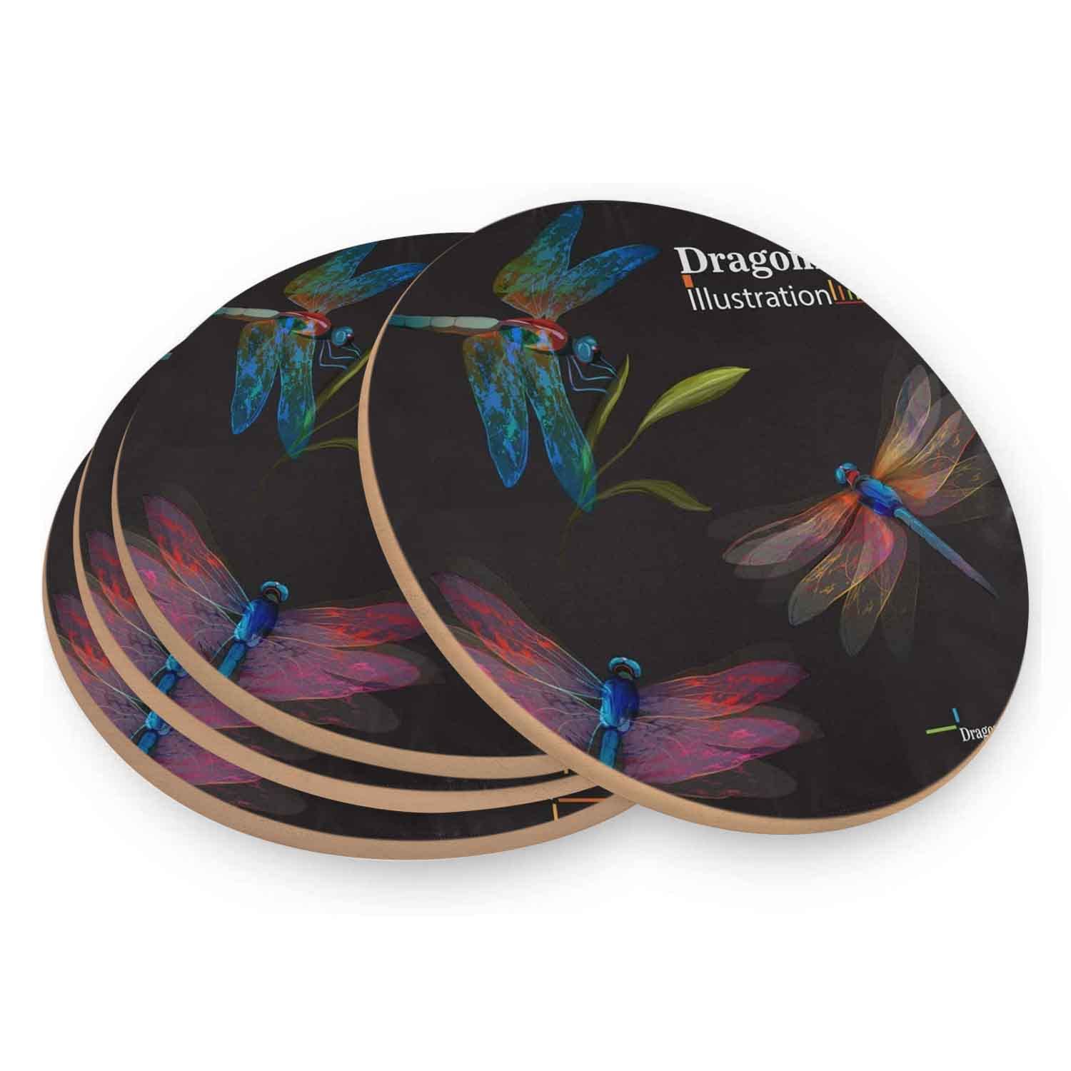 Set of 4 Absorbent Cork Coasters for Drinks - Heat Resistant with Dragonfly Floral Branch Print on Black - Perfect for Home Decor, Coffee Tables, Bars & Protecting Surfaces from Water Rings