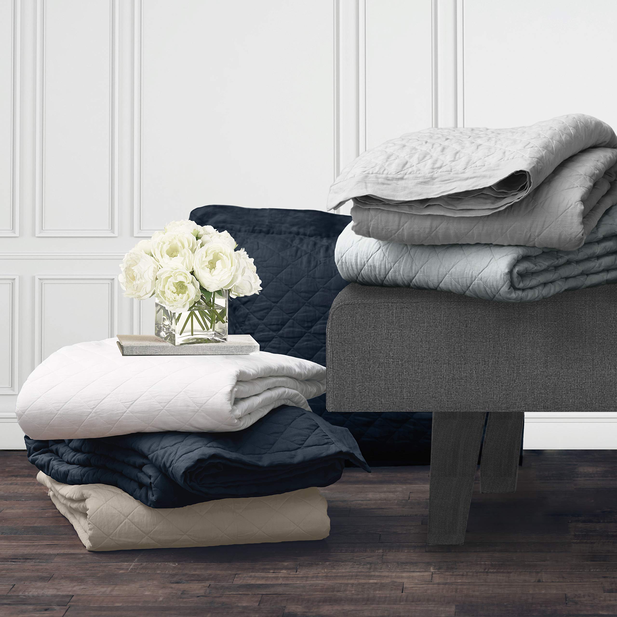 Premium 3-Piece Linen Cotton Diamond Quilt Set with Pillow Shams - Queen Size Navy Blue Solid Luxury Bedding for Master Bedroom, Guest Room & Cozy Farmhouse Decor