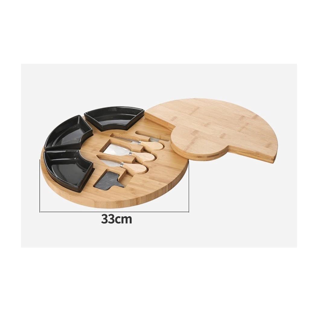 Premium Bamboo Charcuterie Board Set with 4 Stainless Steel Knives & 3 Ceramic Bowls - Elegant Cheese Platter for Entertaining, Pizza Serving, Candy Display, Bread & Biscuits - Perfect for Parties, Weddings & Holiday Gatherings (Black)