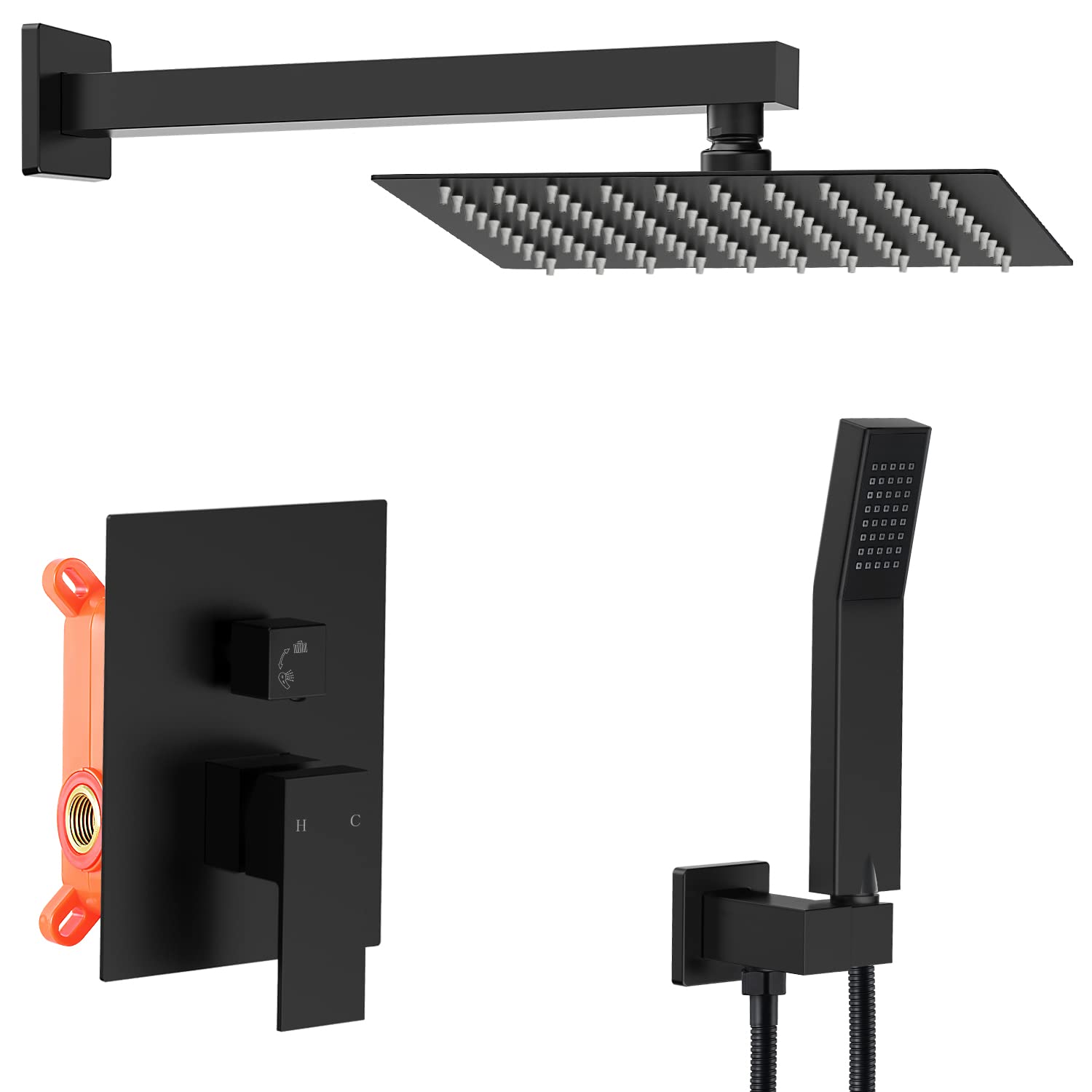 Premium Matte Black Shower Faucet Set - 10 Inch Rainfall Shower Head with Handheld Sprayer, Pressure Balance Valve & Trim Kit for Luxury Bathroom Upgrade | Perfect for Master Bath, Spa-Like Experience & Modern Home Renovation