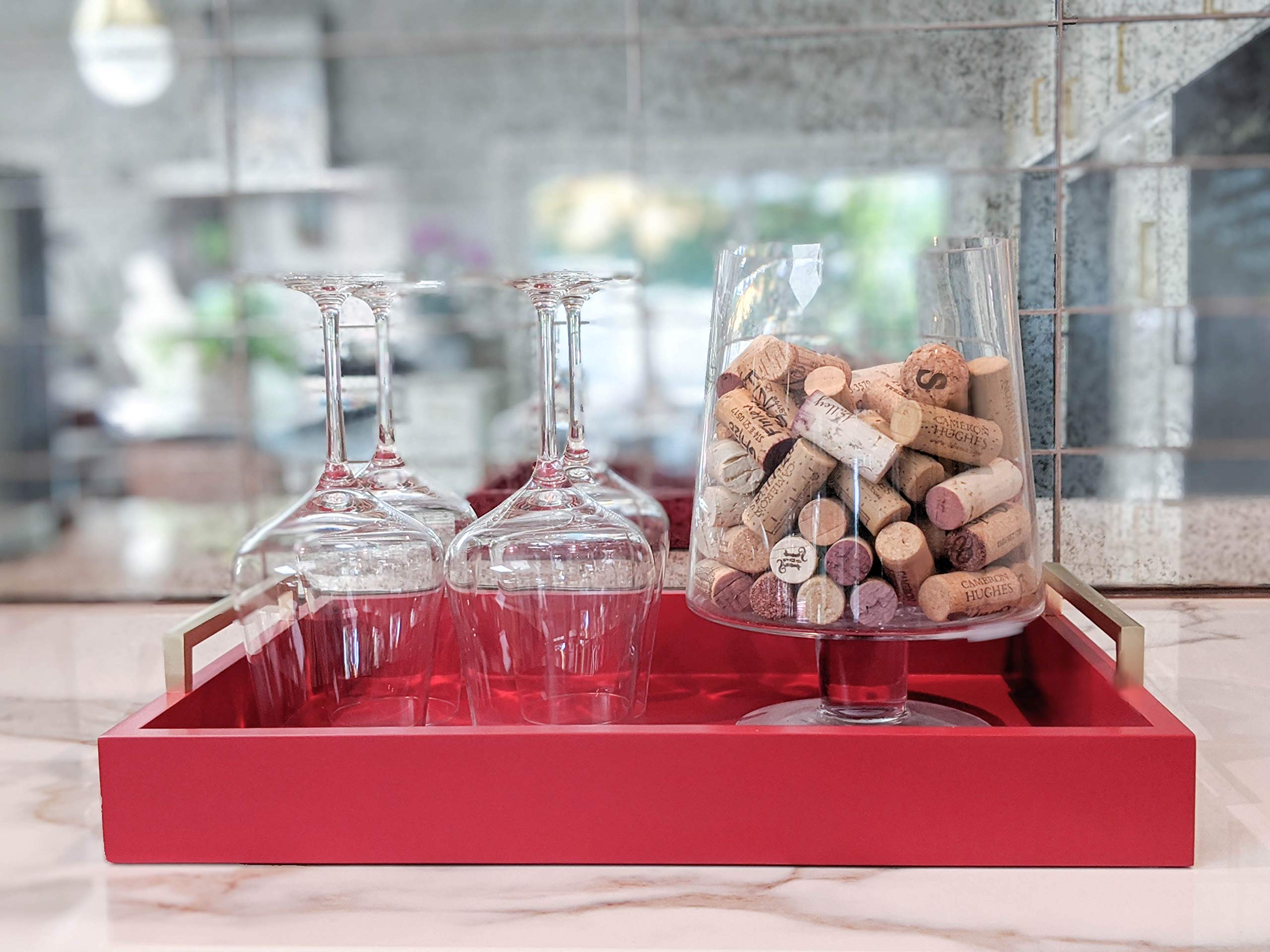 Farmhouse to Modern Decorative Coffee Table Tray with Champagne Gold Handles - Ottoman Serving Tray for Breakfast, Drinks & Liquor - Matte Finish Crimson Red - Perfect for Living Room, Bedroom & Home Decor