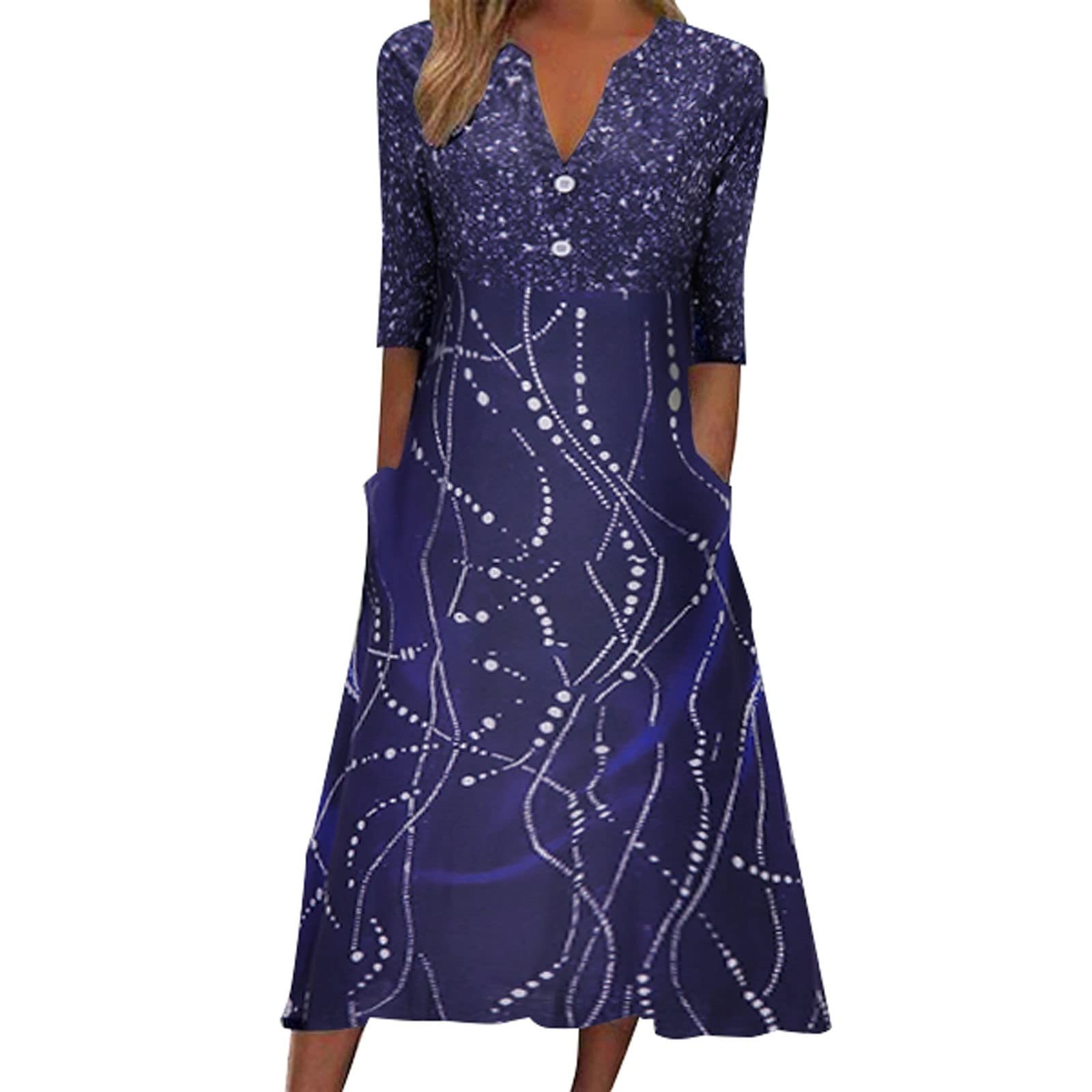 Women's Casual Summer Striped Button-Down V-Neck Short Sleeve Midi Dress with Pockets - Perfect for Beach, Holiday, Party & Everyday Wear