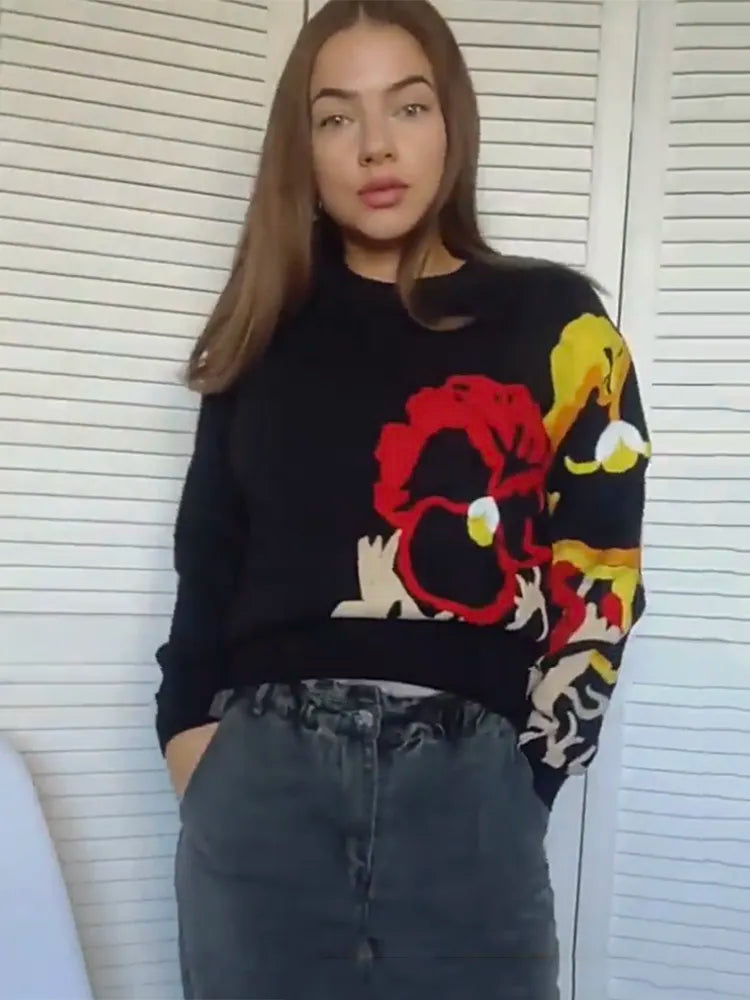 Boho Black Floral Embroidery Pullover Sweater for Women - Long Sleeve O-Neck Loose Knit Jumper Top for Autumn & Winter | Casual Outfits, Holiday Parties, Office Wear & Cozy Layering