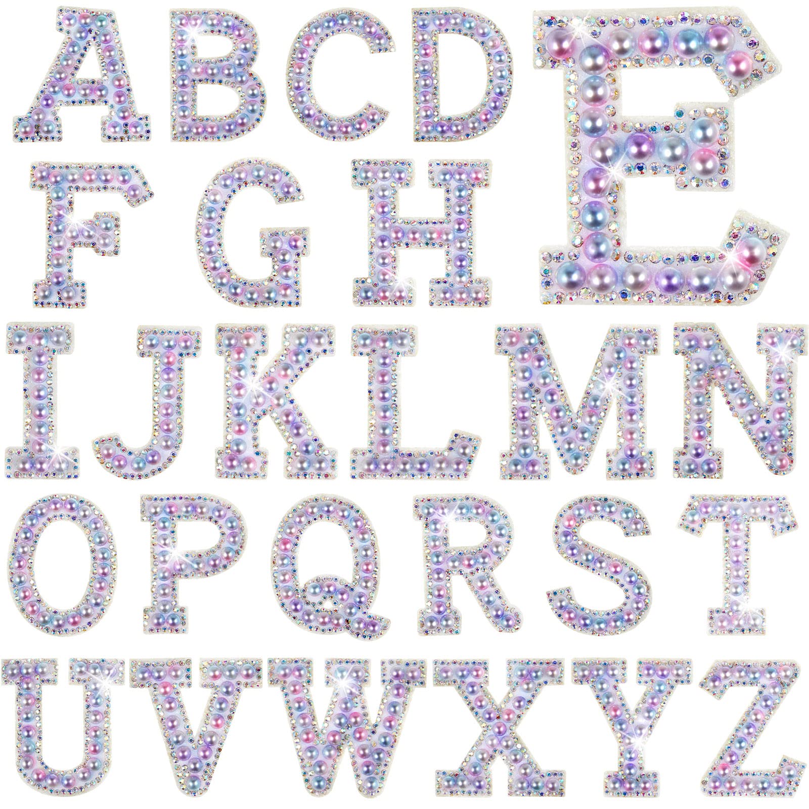 26-Piece Pearl Iron-On Letter A-Z White Rhinestone Bling Alphabet Patch - Glitter Sew-On Applique for DIY Crafts, Costumes & Clothing (Mermaid Color, 1.85 Inch) - Perfect for Custom T-Shirts, Hats, Bags & Home Decor