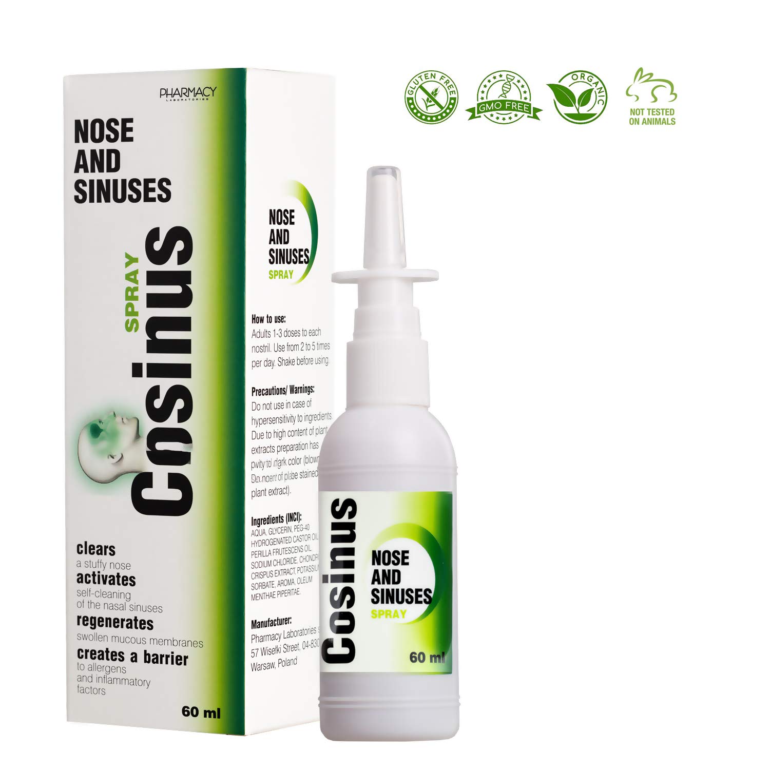 Pharmacy Laboratories Sinus Nasal Spray | 60 ML | Antibacterial & Mucus Relief for Adults | Nasal Care & Cleansing | Ideal for Cold, Allergy & Sinus Congestion Relief