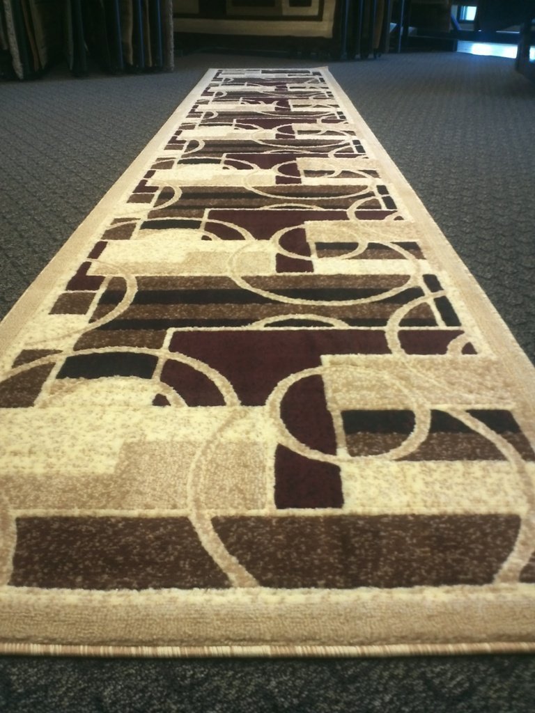 Americana Modern Long Runner Rug - Beige & Burgundy Striped Design - 32