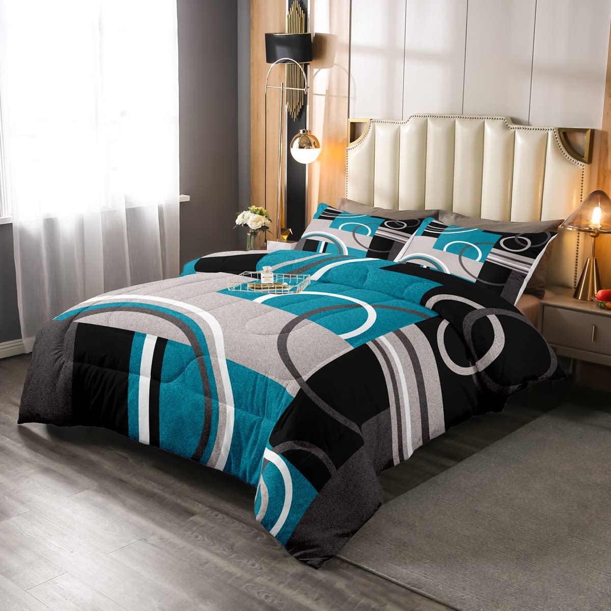 Erosebridal Modern Turquoise Queen Size Comforter Set - Gray Black Blue Stripe Geometric Down Alternative Duvet Cover with Retro Circle Swirls, Abstract Texture Bedding for Contemporary Home Decor | Perfect for Master Bedroom, Guest Room & Bohemian Style Apartments