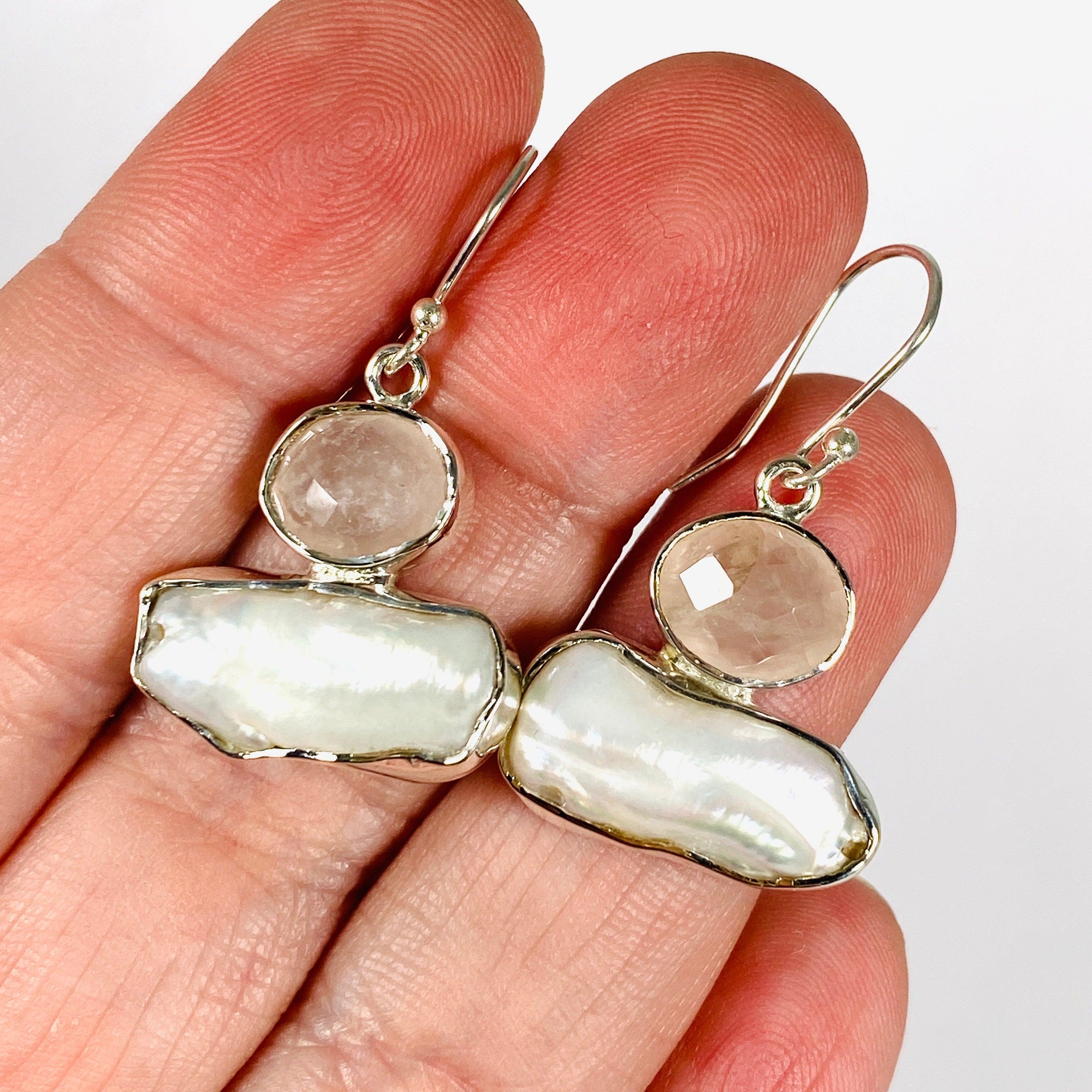 Pearl and Rose Quartz Faceted Earrings E2393 RQ - Elegant Gemstone Jewelry for Women, Perfect for Weddings, Parties & Special Occasions