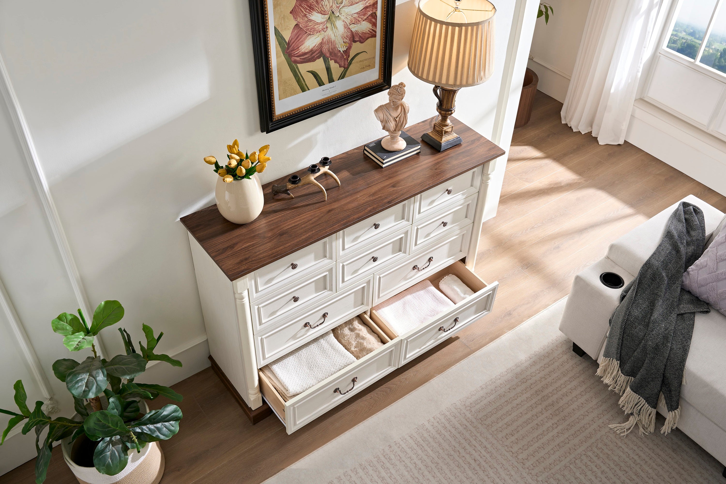 10-Drawer Wooden Dresser Chest with Rustic Base & Riser Trim - Bedroom Storage Dresser for Clothes, Linens & Accessories | Perfect for Master Bedroom, Guest Room & Living Room Organization