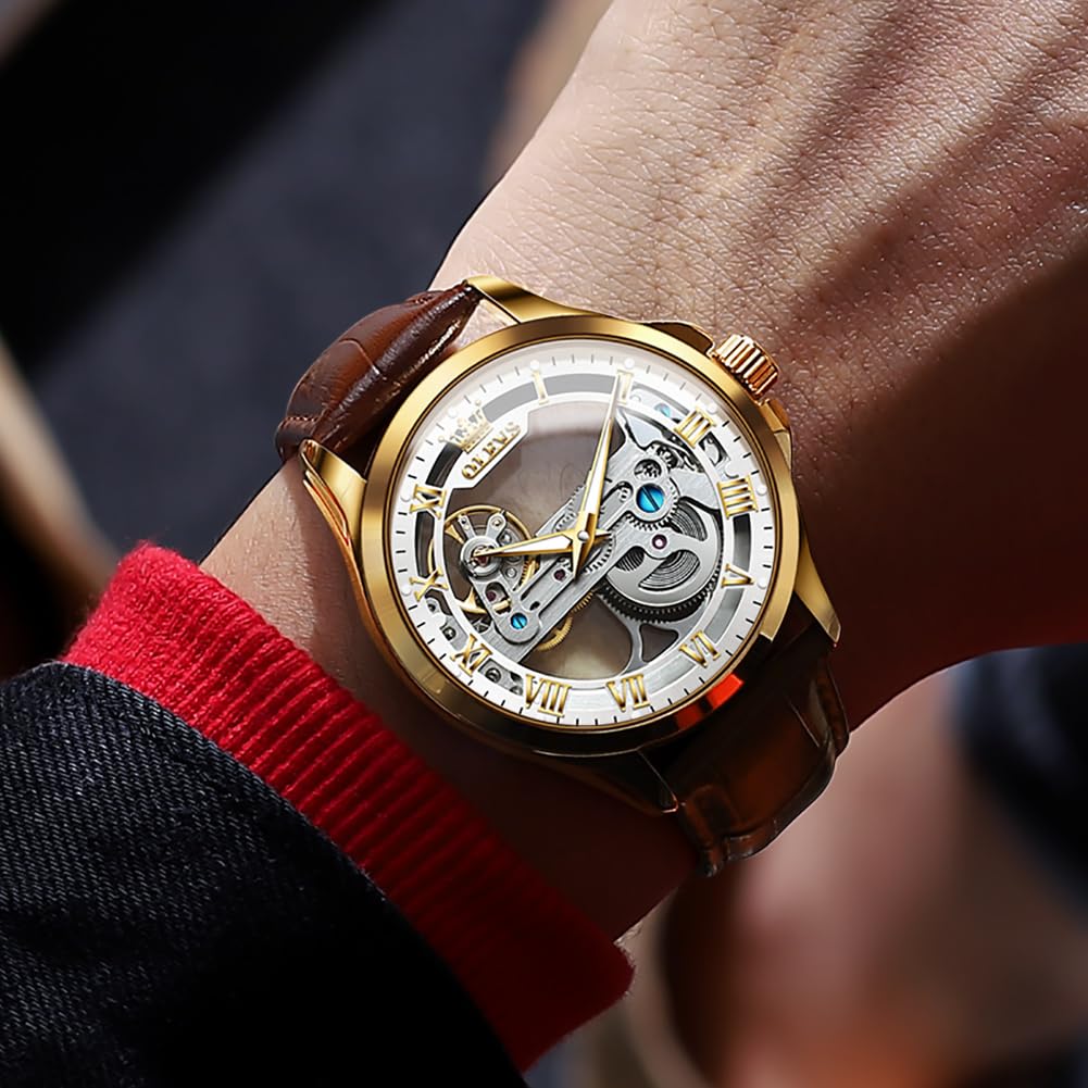 OLEVS Men's Skeleton Automatic Watch - Self Winding Mechanical Dress Watch with Leather Band, Large Face, Waterproof - Perfect for Business, Casual & Formal Occasions