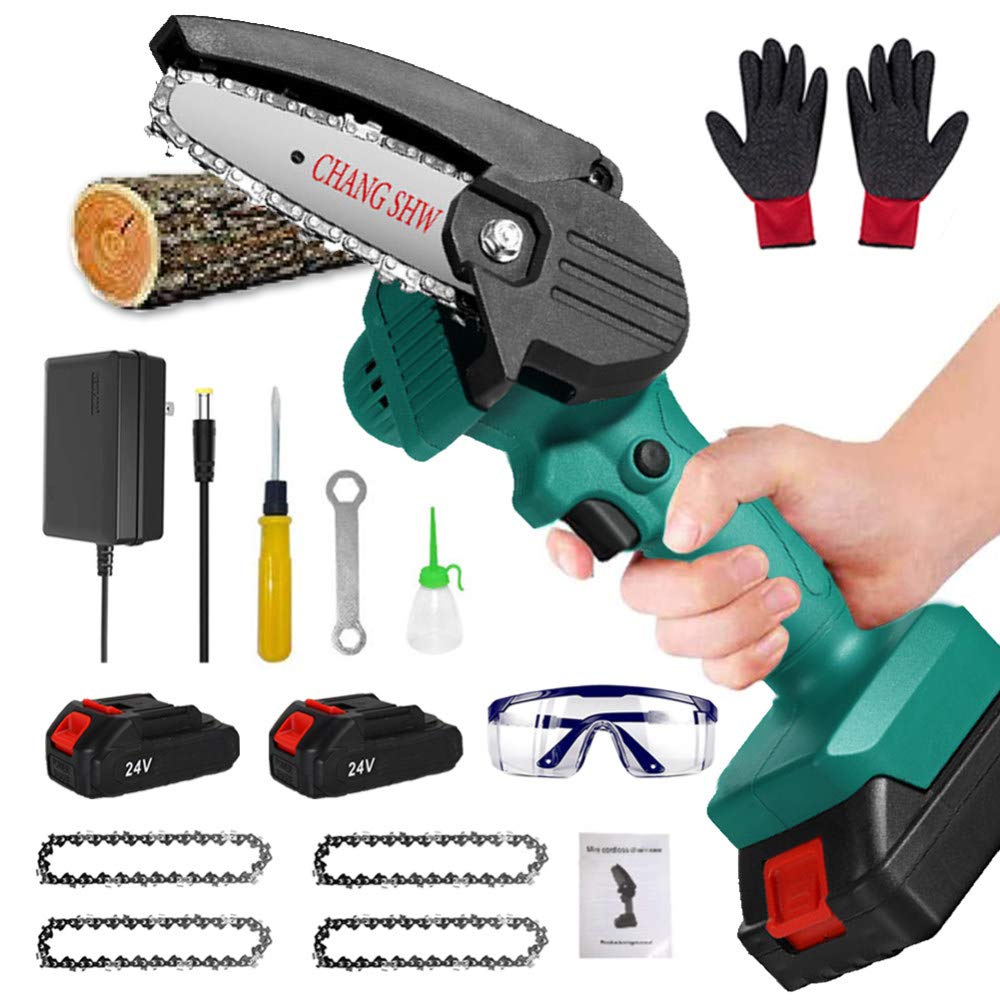 **YMWD 4-Inch Cordless Mini Chainsaw - Lightweight 0.7kg Electric Handheld Chainsaw with Battery, 4 Chains & Splash Board - Perfect for Garden Tree Branch Pruning, Wood Cutting & DIY Projects (Dark Green)**