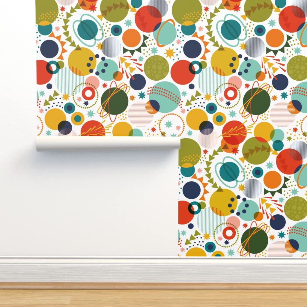 Commercial Grade Wallpaper 27ft x 2ft - Space Adventure Theme with Bright Planets, Colored Stars & Geometric Spaceships on White Background | Perfect for Kids' Rooms, Nurseries & Modern Home Decor