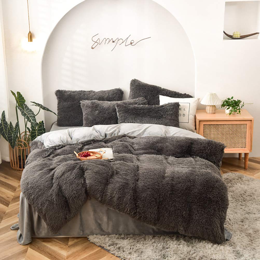 Luxury Plush Velvet Duvet Cover Set - 4 Piece Ultra Soft Mink Cashmere Bedding with Comforter Cover & Pillowcases - Winter Warm Shaggy Bedspread in Gray - Twin Size for Cozy Bedroom Decor & Guest Room Setup