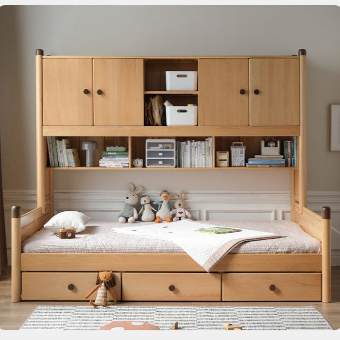 Solid Oak Wood Multi-Function Storage Bed - Queen Size Platform Bed with Underbed Drawers for Small Space Bedroom, Guest Room & Studio Apartments