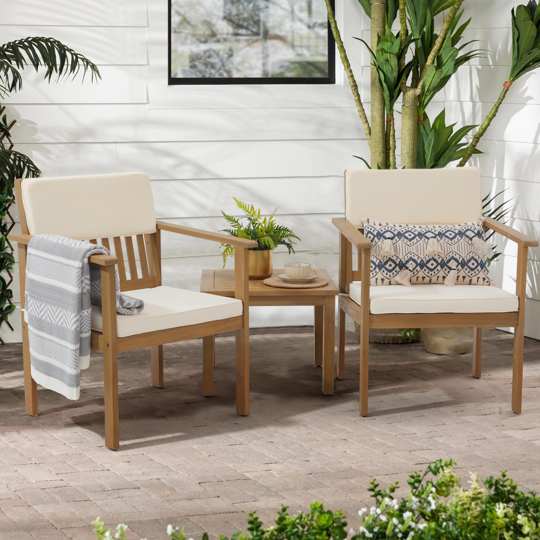 Premium 3-Piece Acacia Wood Outdoor Patio Furniture Set - FSC Certified Bistro Table & Chairs with Cream Cushions for Balcony, Porch, Backyard | Perfect for Garden Dining, Coffee Mornings & Outdoor Relaxation