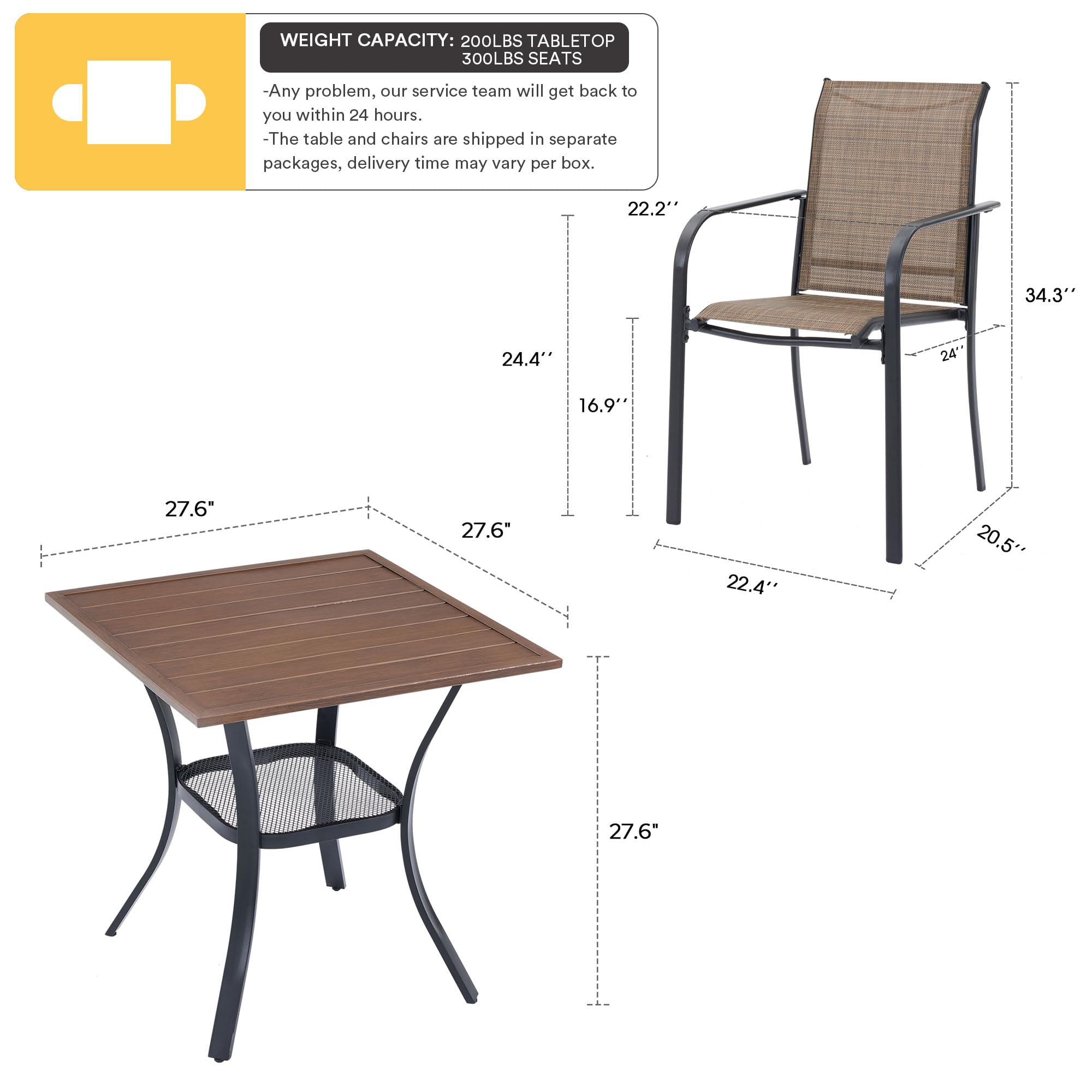 VICLLAX 3-Piece Outdoor Dining Set for 2 - Small Patio Table & 2 Stackable Sling Chairs - Walnut Table with Brown Chairs - Perfect for Backyard, Garden, Balcony or Small Outdoor Spaces