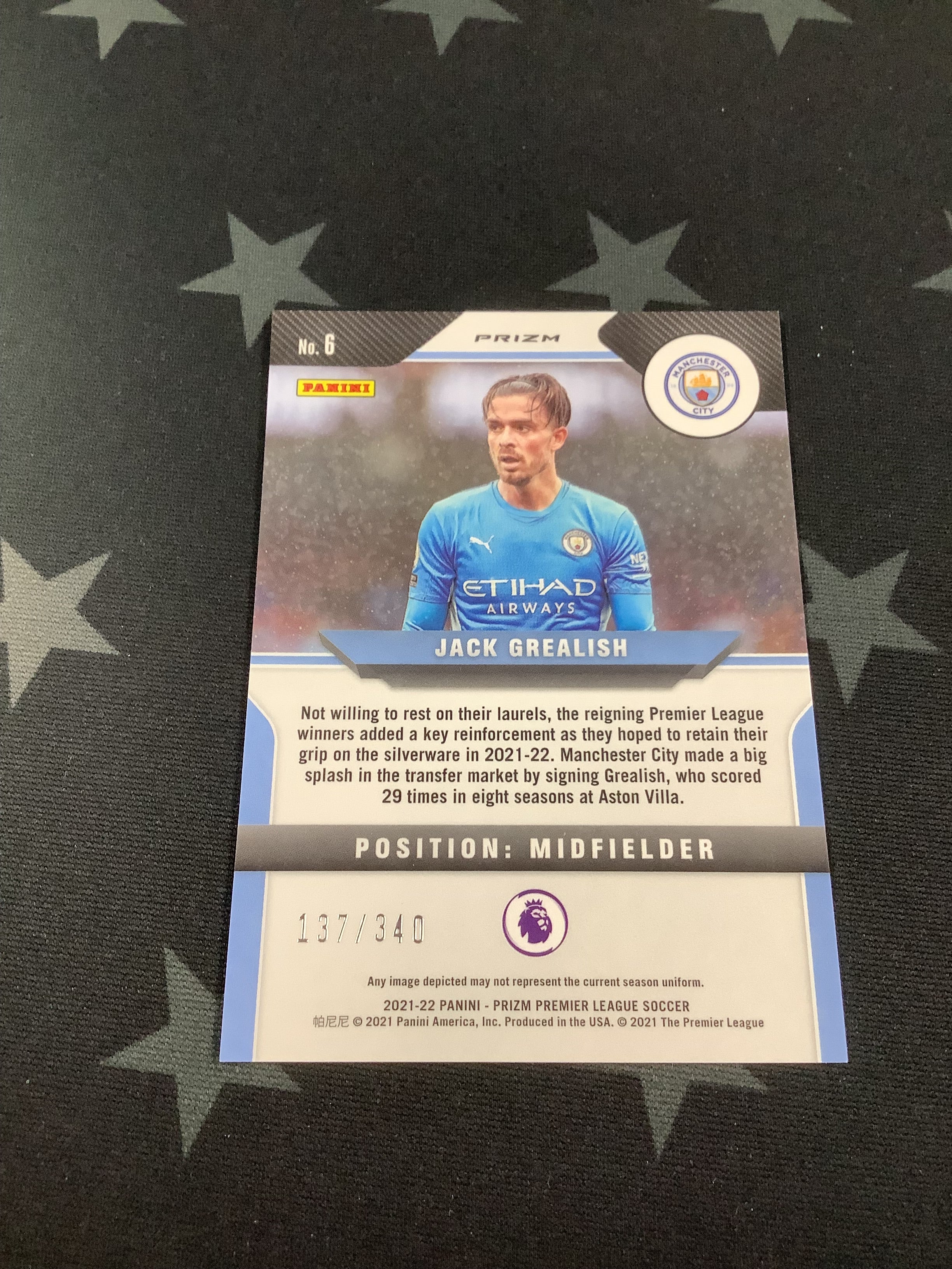 2021-22 Panini Prizm Premier League Soccer Card - Jack Grealish Blue Prizm #/340 - Manchester City - Collectible Trading Card for Soccer Fans & Memorabilia Enthusiasts