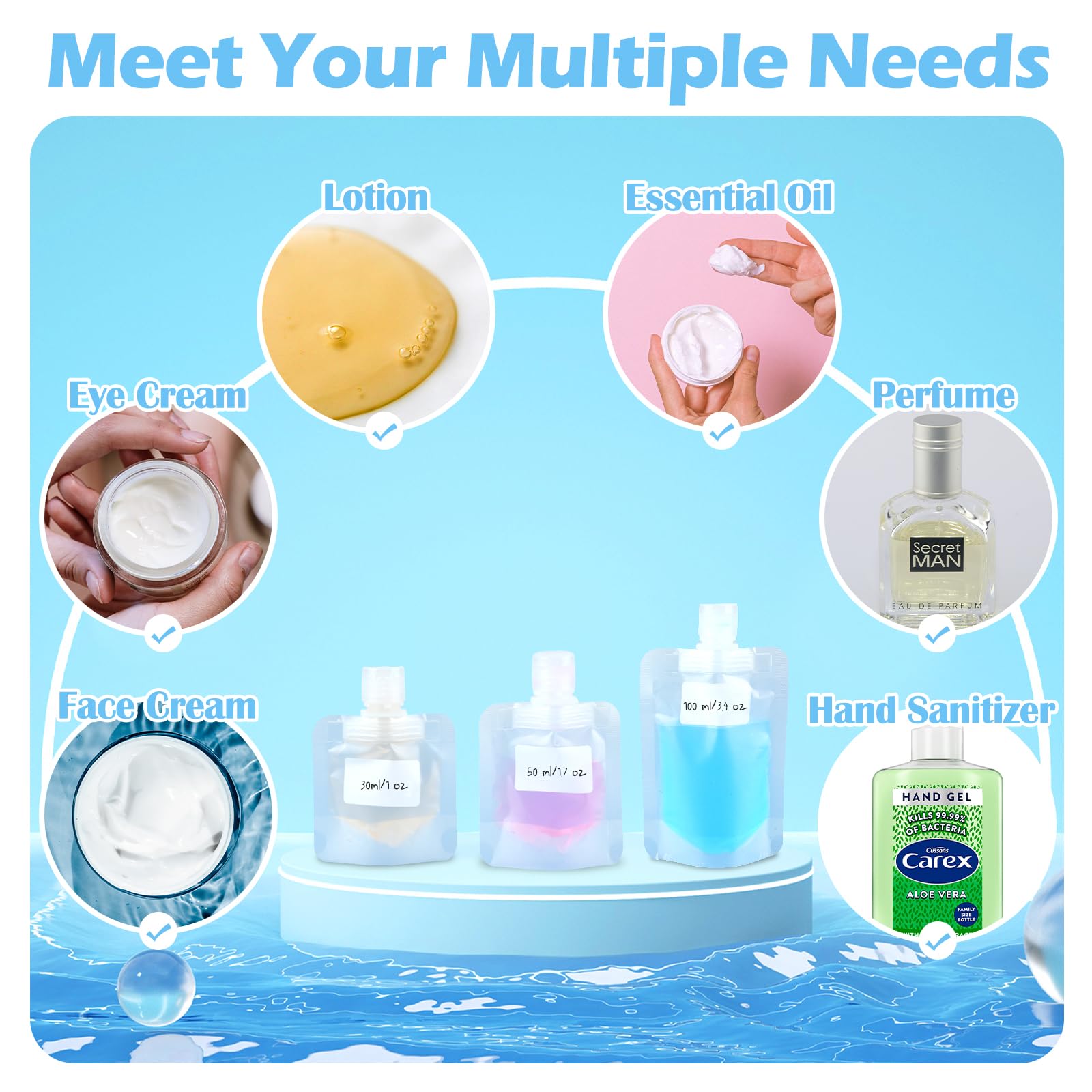 15 Pcs Travel Bottles for Toiletries - 30ml/50ml/100ml Leakproof Refillable Containers with Labels for Shampoo, Lotion, Cosmetics | Perfect for Air Travel, Gym, Camping & Vacation Essentials