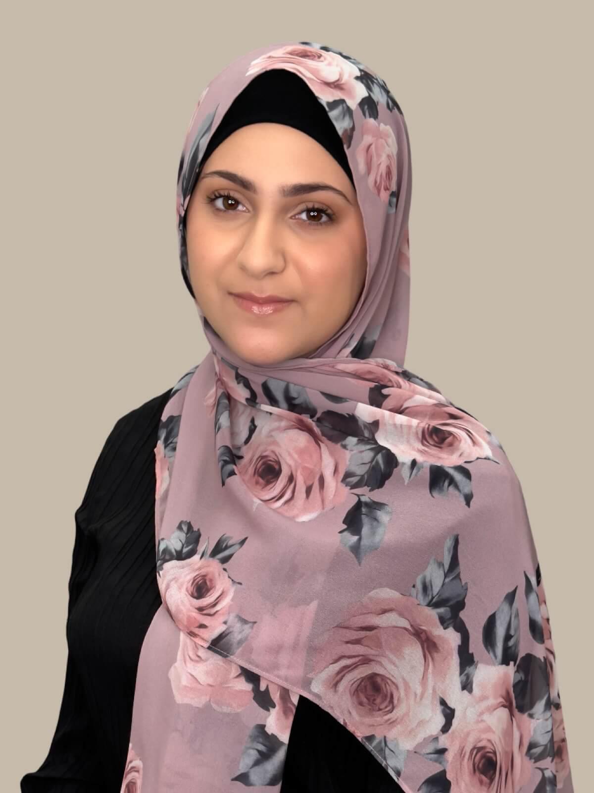 Elegant Printed Chiffon Hijab for Women - Neutral Rosette Design - Perfect for Daily Wear, Work & Special Occasions