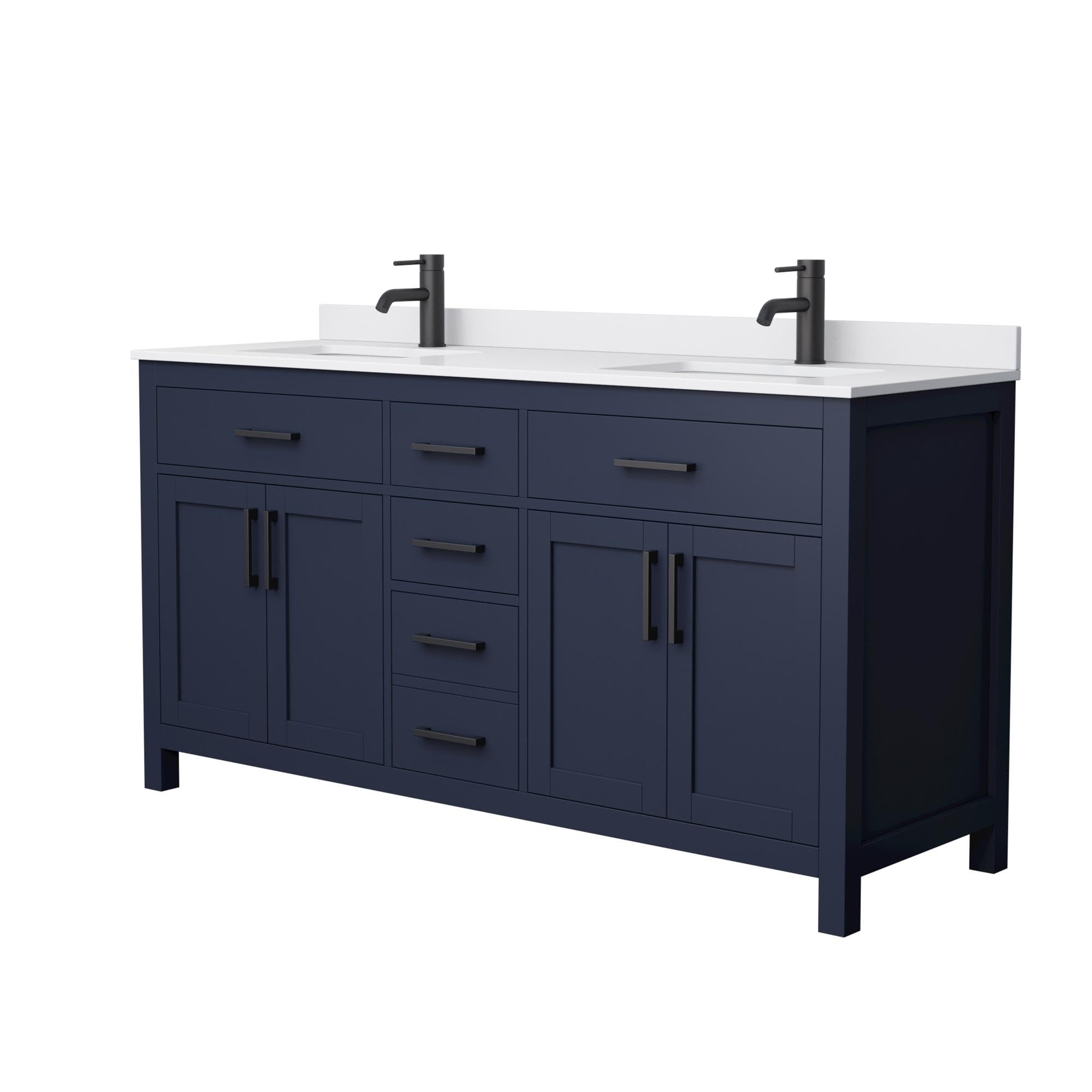 Beckett 66 Inch Double Bathroom Vanity with White Cultured Marble Countertop - Dark Blue Modern Bathroom Vanity Set with Undermount Square Sinks & Matte Black Trim - Perfect for Master Bathroom, Guest Bath or Powder Room Renovation