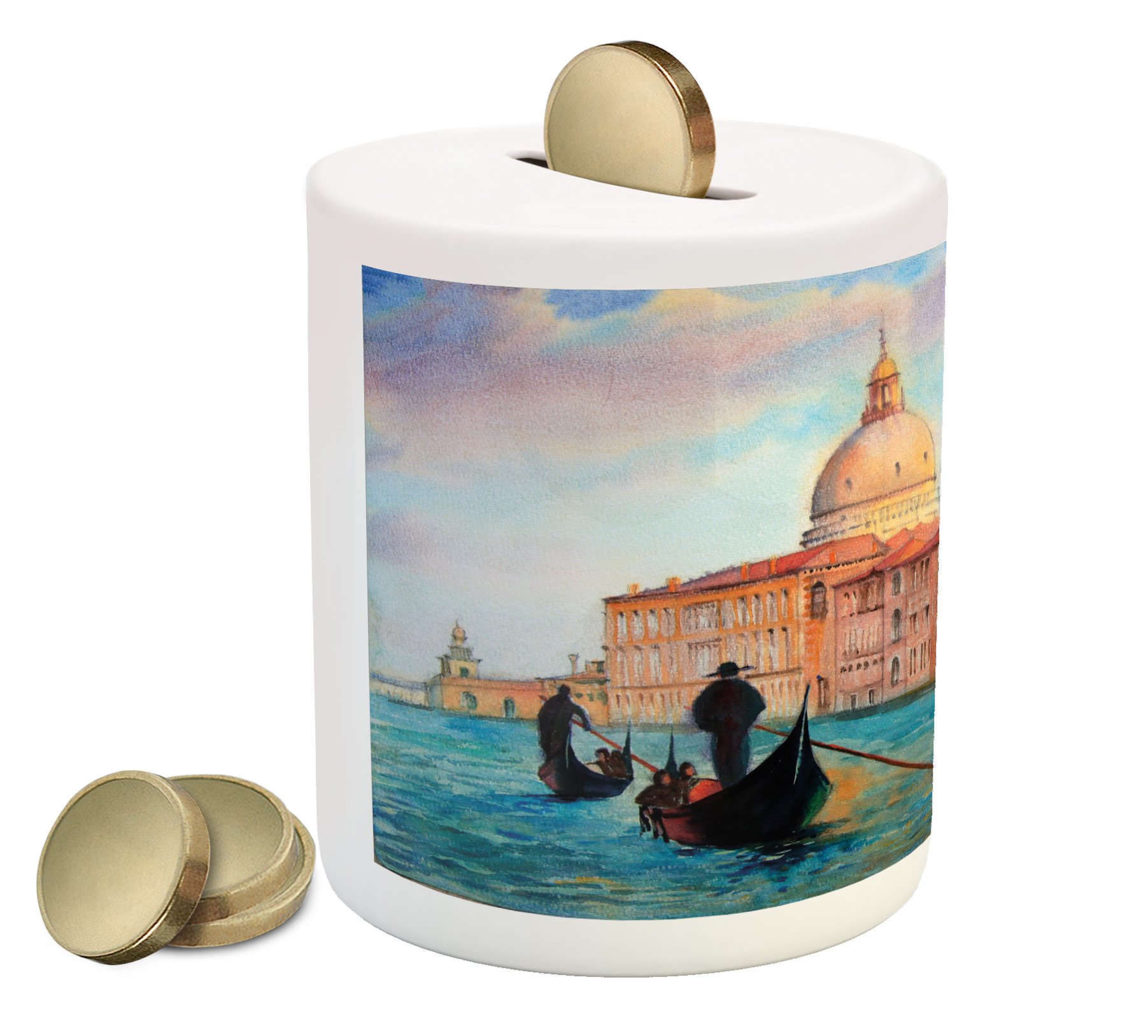 Ambesonne Venice Ceramic Piggy Bank - Watercolor Painting of Serene Cityscape with Antique Gondolas - Money Box for Cash Saving (Peach, Pale Blue, Red) - Perfect for Home Decor, Gift Giving & Teaching Kids Financial Responsibility