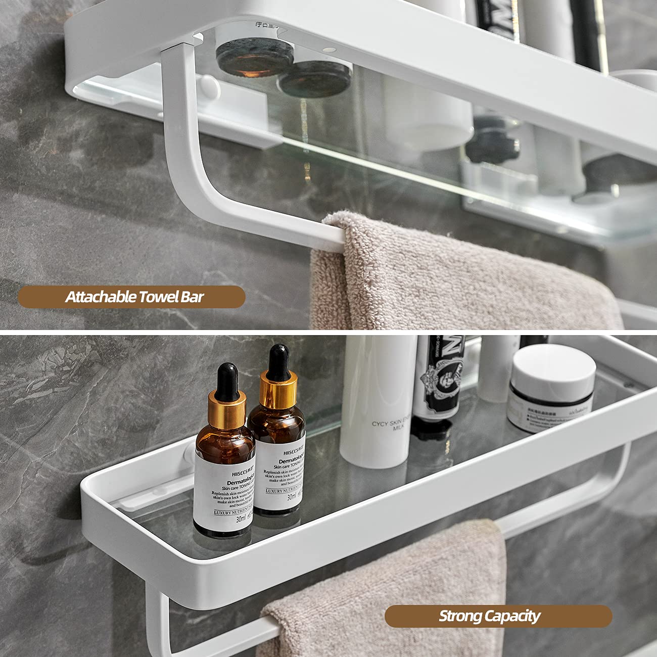 VOLPONE 2-Tier Wall Mounted Bathroom Shelves - Tempered Glass Floating Shelf for Shower, Toiletries & Organizer - White - Perfect for Small Bathrooms & Modern Home Decor