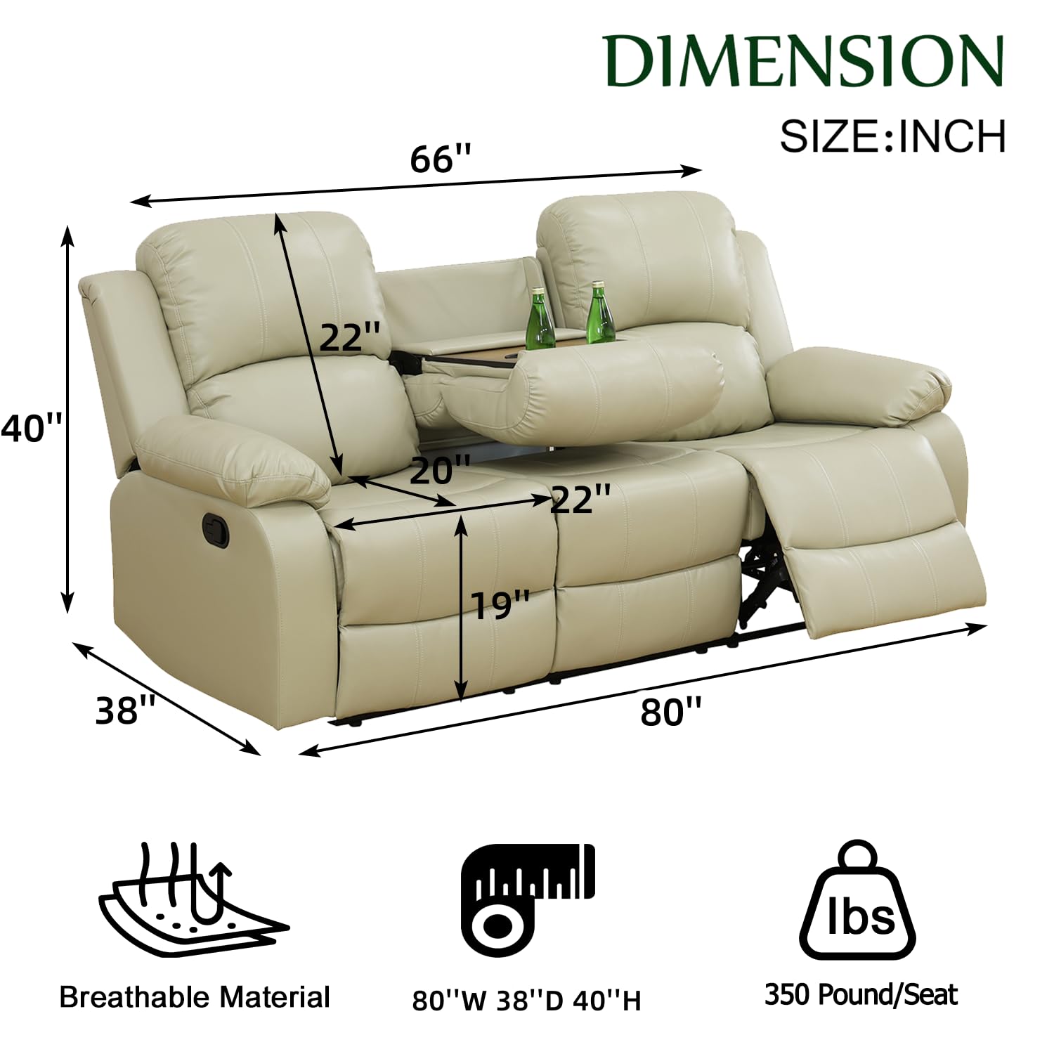 Premium Leather Recliner Sofa - Wall Hugger Reclining Couch with Cup Holder, Beige Living Room Furniture for Home Theater & Office Seating | Comfortable Leather Sofa for Relaxation, Movie Nights & Work From Home
