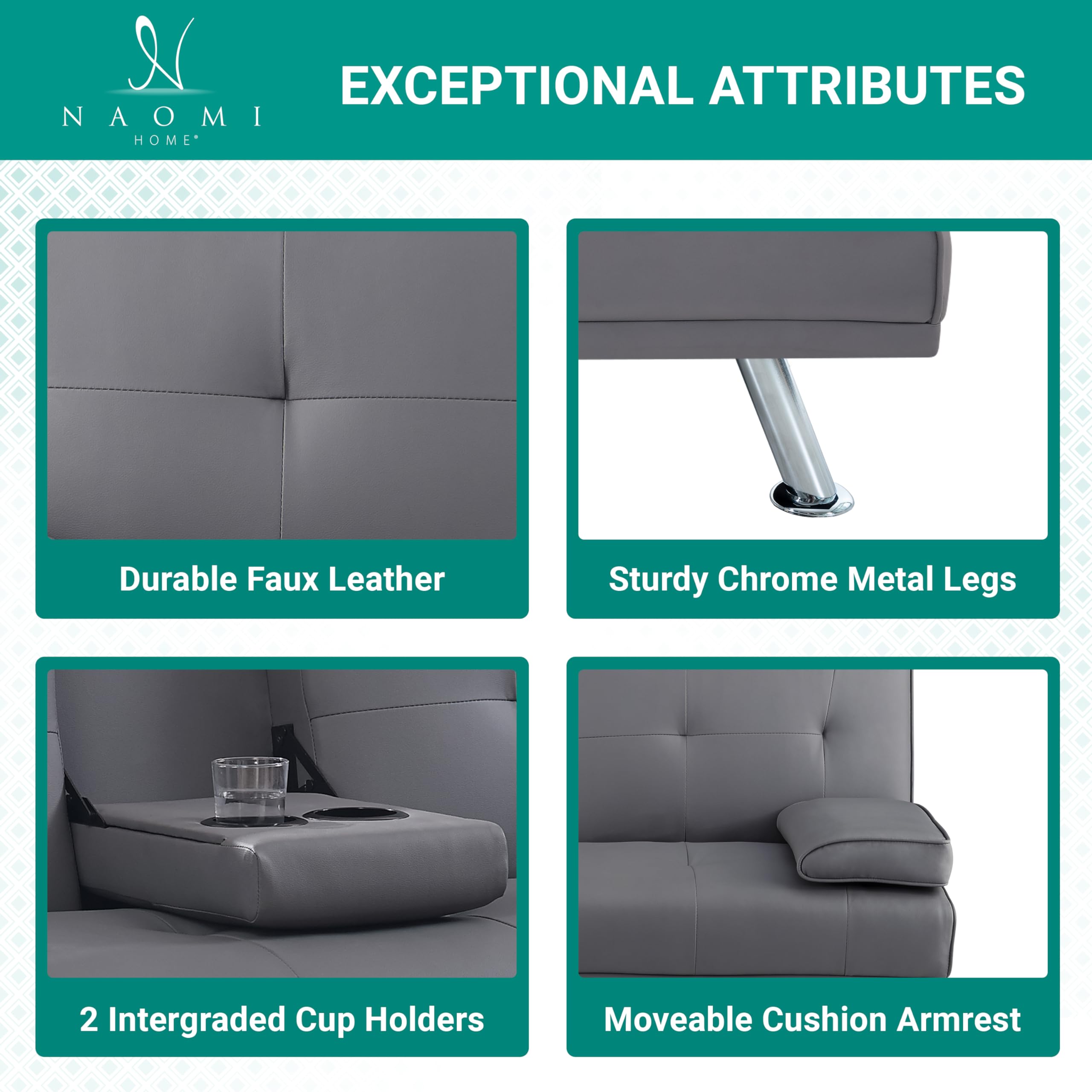 Convertible Futon Sofa Bed with Space-Saving Design - Modern Faux Leather Couch for Living Room, Guest Room & Small Spaces - Sturdy Frame, Adjustable Positions & Easy Assembly - Low-Maintenance Gray Upholstery - Perfect for Apartments, Dorms & Home Offices