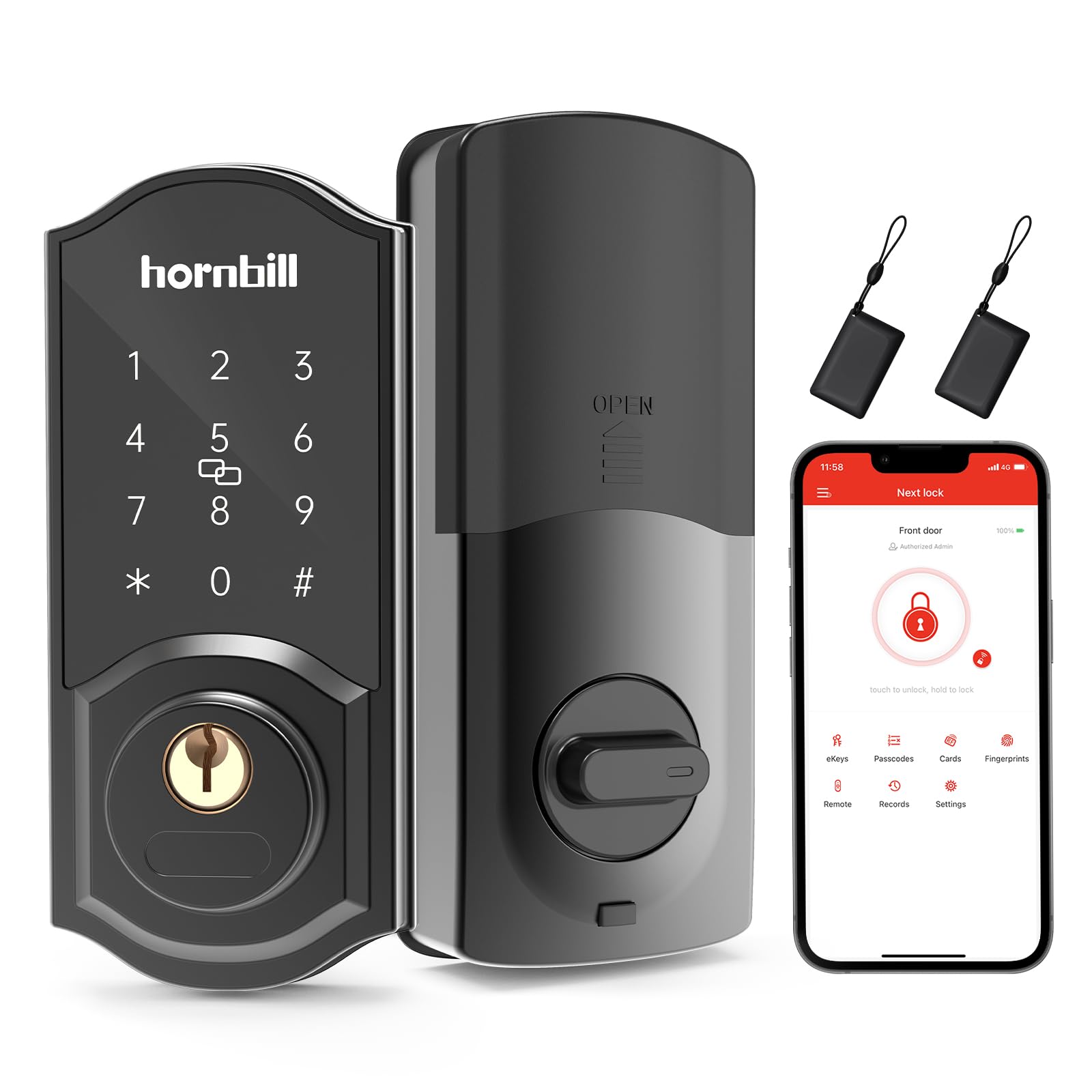 Hornbill Smart Keyless Entry Door Lock - Bluetooth Electronic Deadbolt with Keypad, Auto-Lock Digital Front Door Lock for Home, Apartment & Bedroom Security | Easy Installation & Hands-Free Access