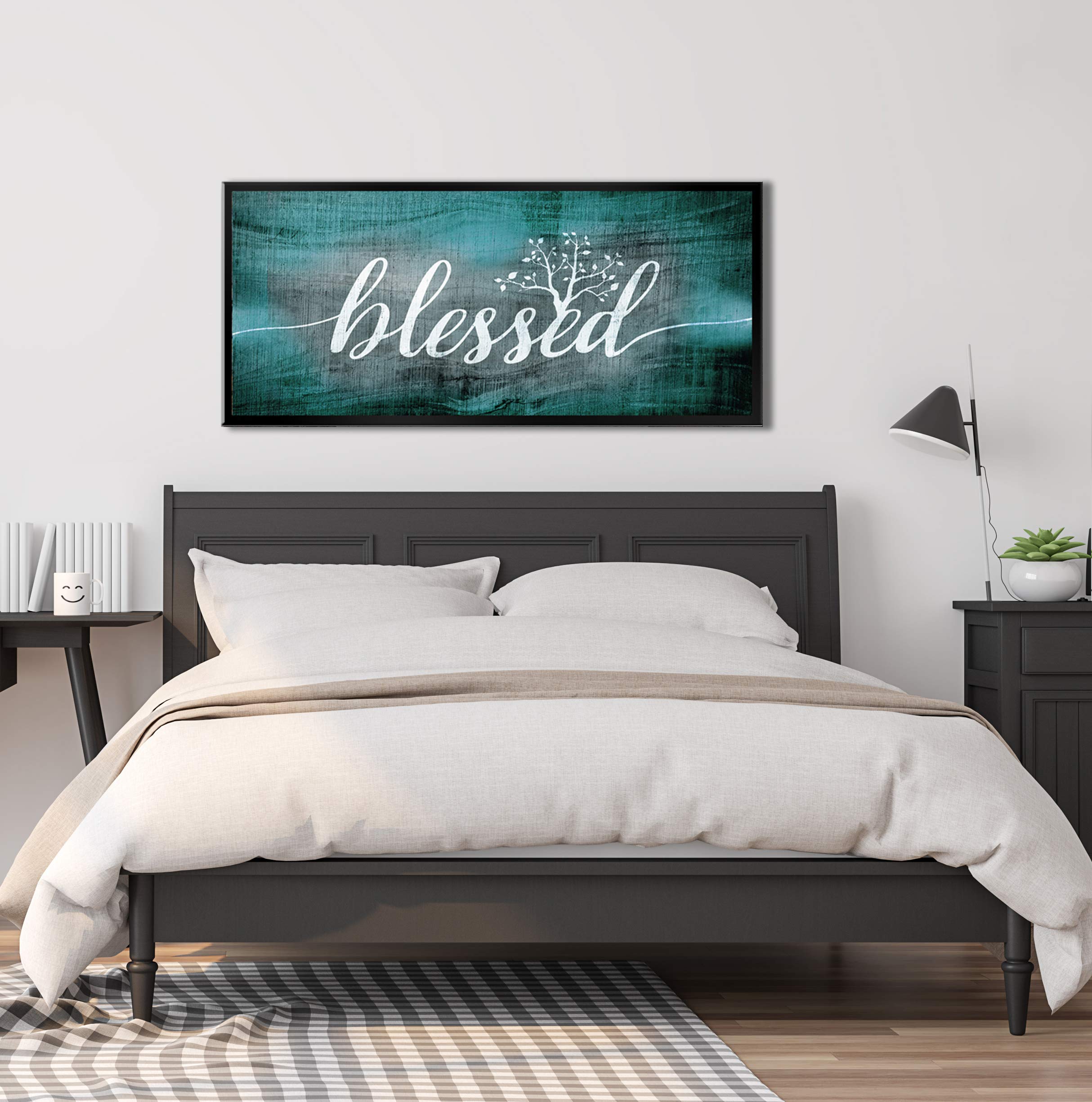 Blessed Christian Wall Art - Religious Home Decor with Teal Canvas & Black Floating Frame (42x19) - Perfect for Living Room, Bedroom & Spiritual Spaces