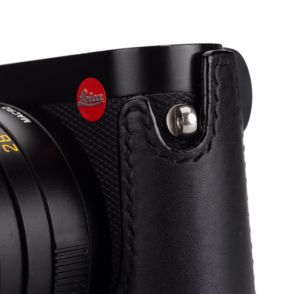 Arte di Mano Leica Q2 Half Case with Battery & SD Card Access Door - Minerva Black with Black Stitching | Premium Leather Camera Case for Travel & Street Photography