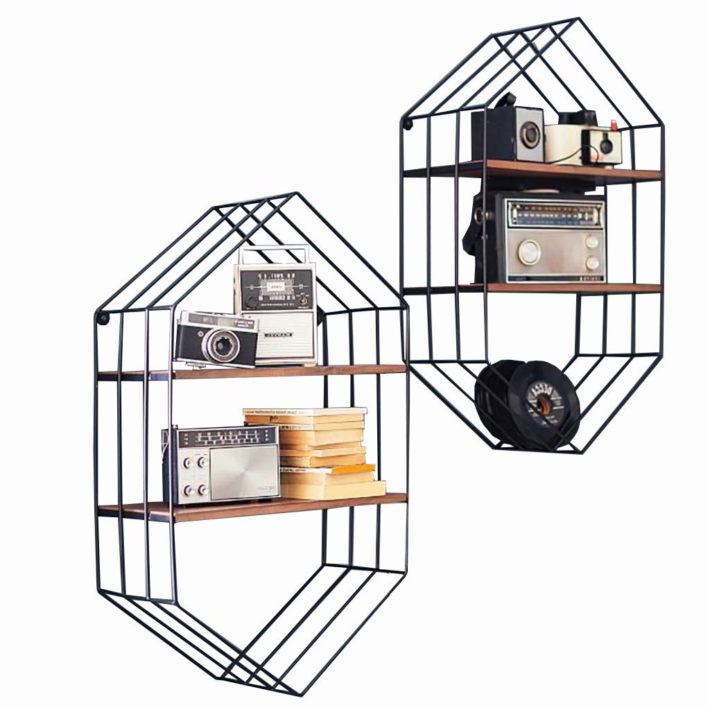 Wrought Iron Wall Shelf - Solid Wood Bookshelf with Diamond Design, Wall-Mounted Display Stand for Home & Office (Black, 45×22×80cm) - Perfect for Books, Plants, Decor & Small Items Organization