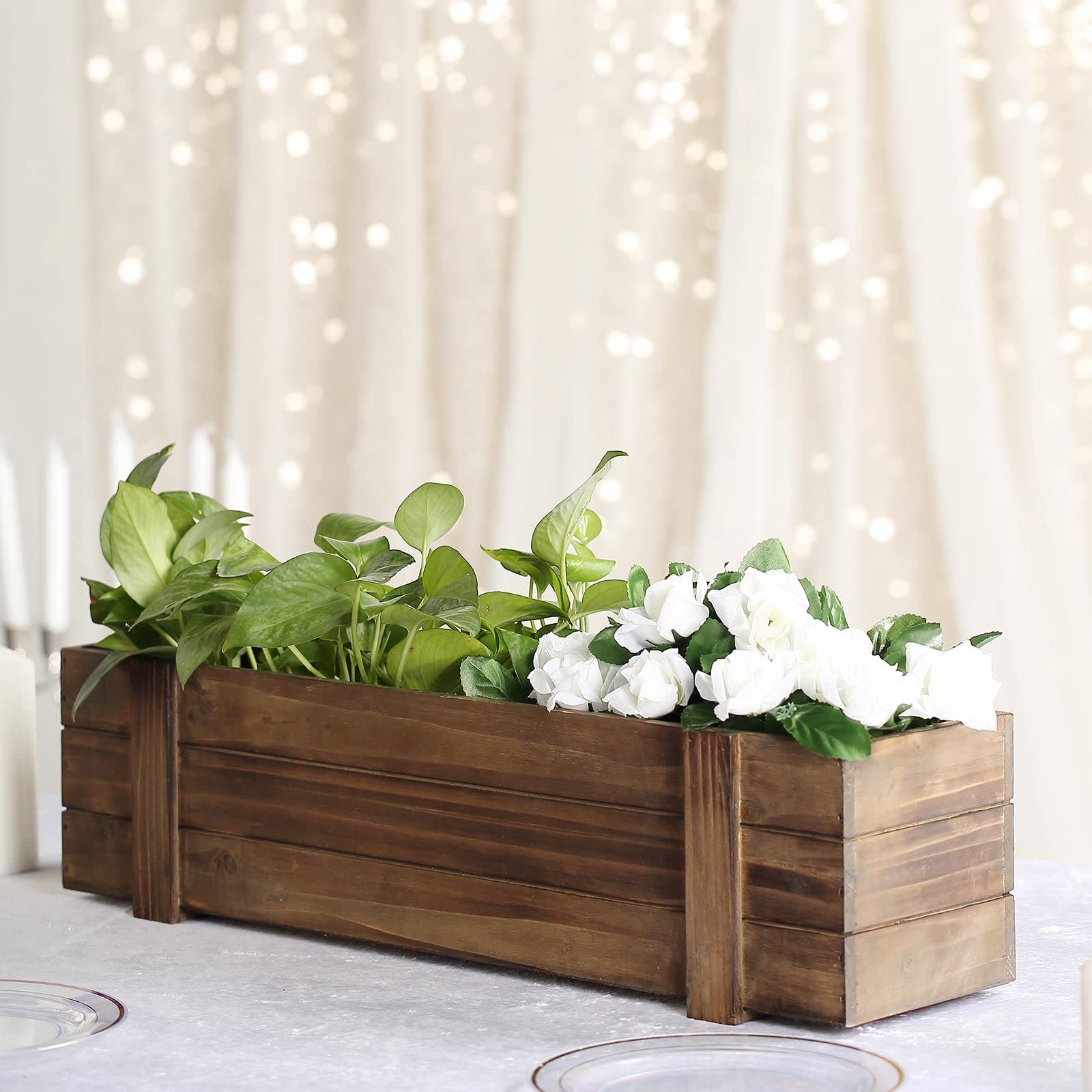 24x6'' Smoked Brown Rectangle Wood Planter Boxes with Plastic Liner - DIY Rustic Wooden Boxes for Wedding, Party & Home Decor - Perfect for Centerpieces, Table Decorations and Garden Planters