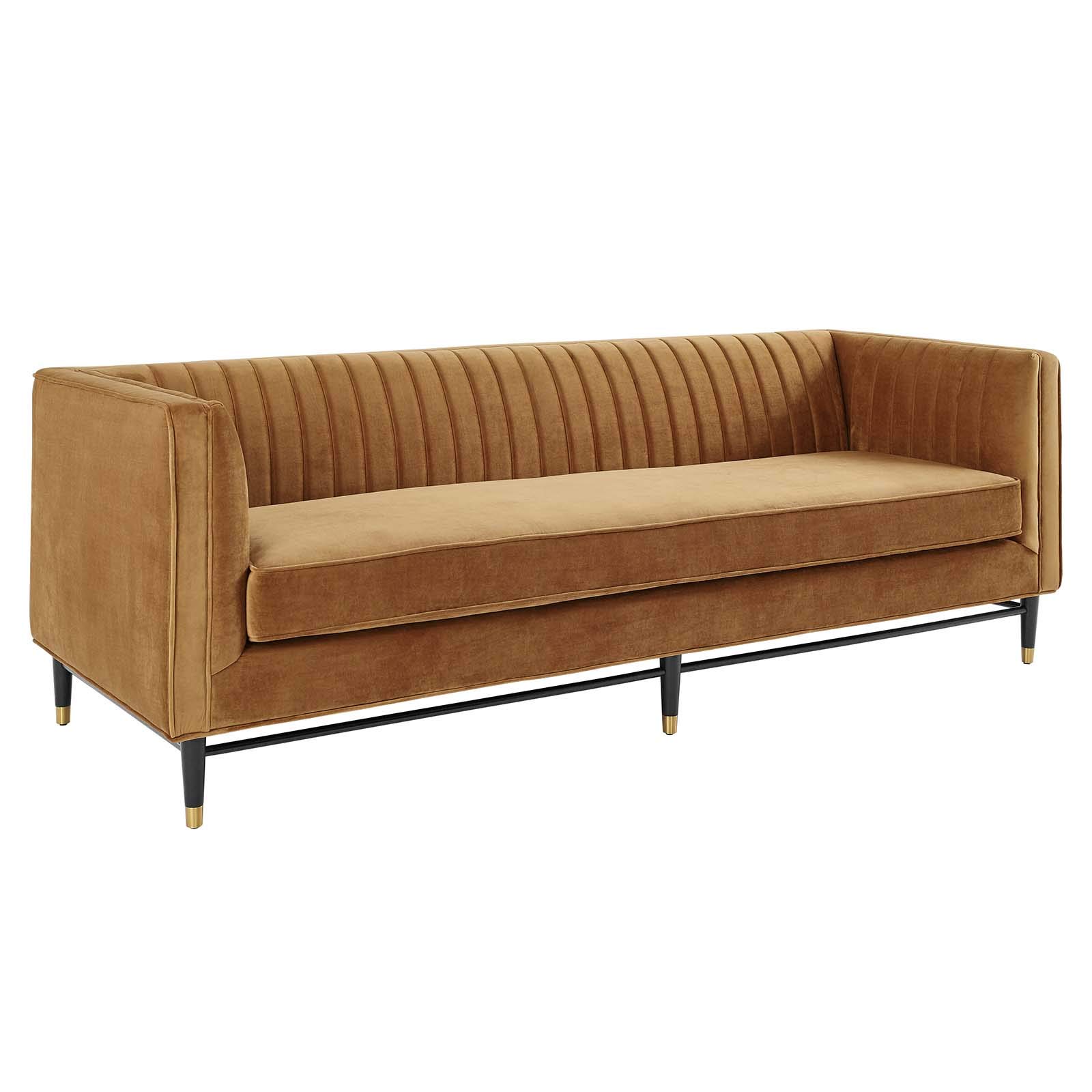 Modway Devote Channel Tufted Performance Velvet Sofa in Cognac - Luxurious Velvet Upholstered Living Room Couch for Modern Home Decor