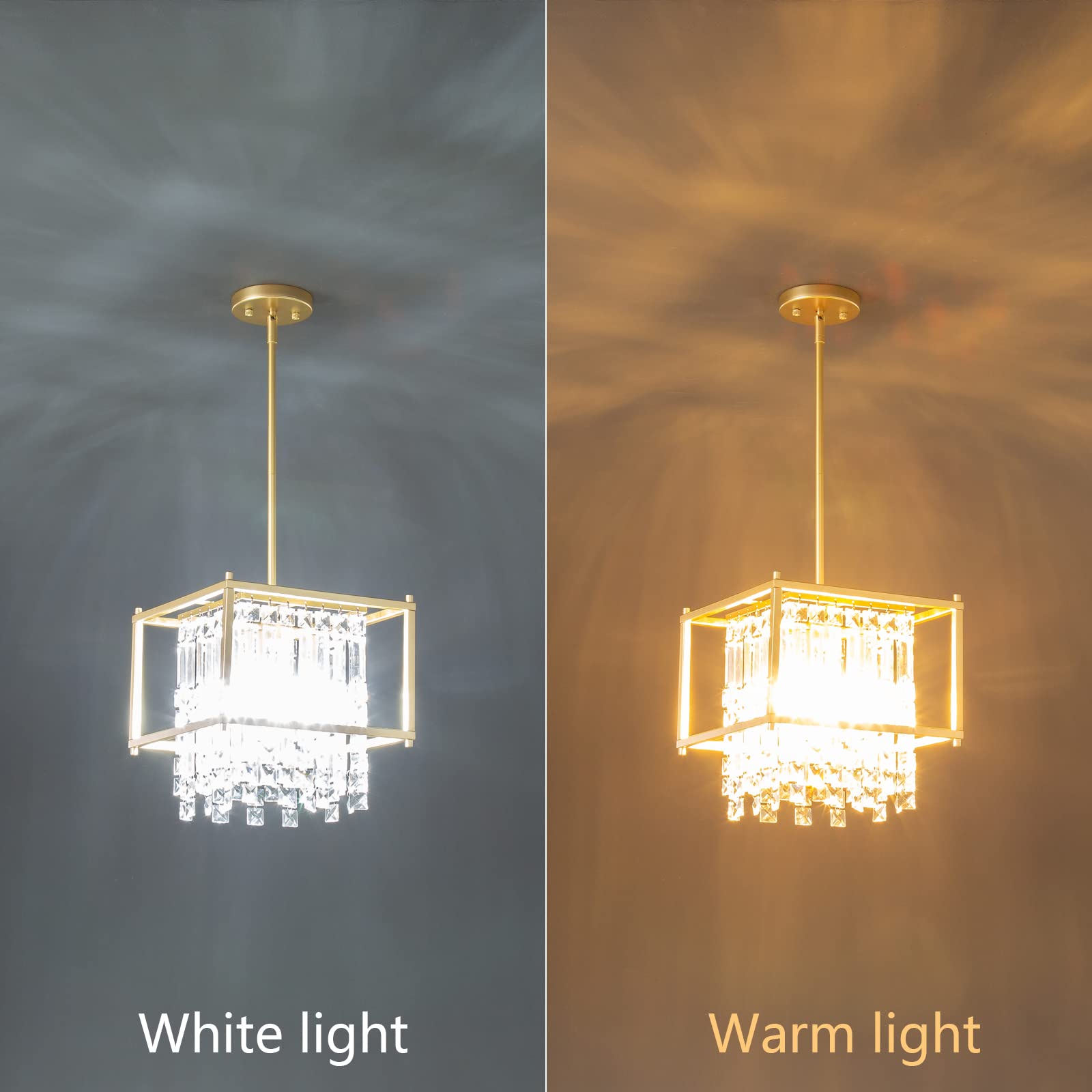 LMQNINE 4-Light Square Industrial Farmhouse Chandelier - 11.81 Inch Gold Metal Crystal Pendant Light Fixture for Dining Room, Kitchen Island, Living Room - Perfect for Flat & Inclined Ceilings | Modern Farmhouse Decor & Rustic Home Lighting