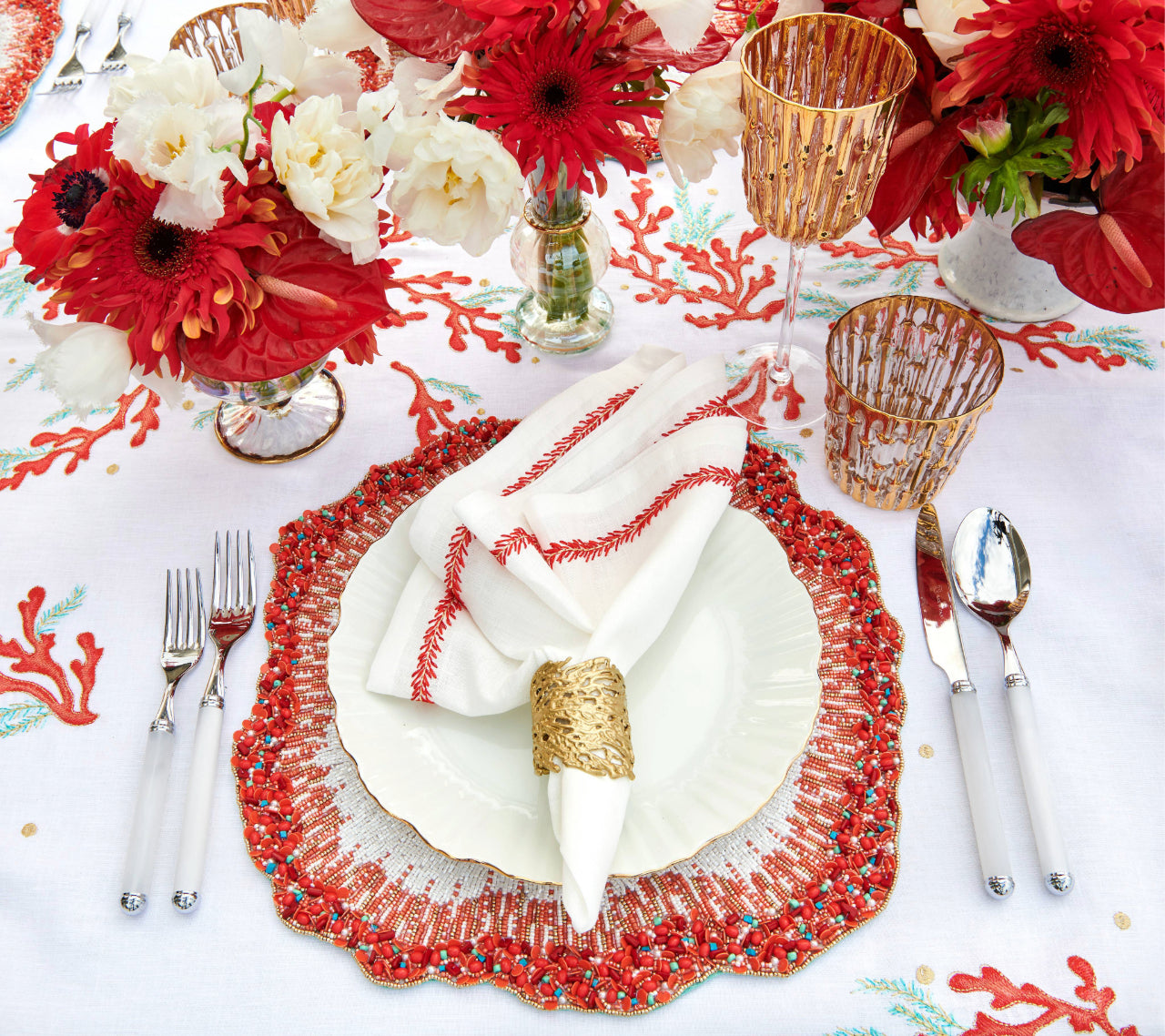 Reef Chic Placemat Set of 2 - White, Coral & Turquoise Waterproof Table Mats for Beach House Dining, Kitchen Decor & Coastal Home Accessories