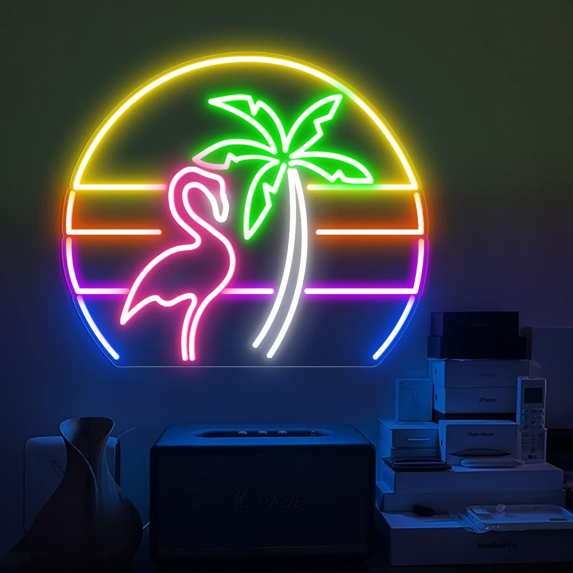 Flamingo Neon Sign - Pink LED Wall Decor for Bedroom, Tiki Bar & Tropical Theme - 33x28cm Vaporwave Neon Light with Palm Tree - Perfect for Christmas, Party & Home Decoration