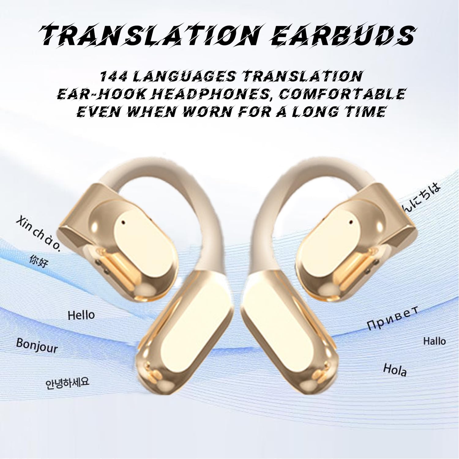 **Real-Time AI Translator Earbuds - Open Ear Wireless Bluetooth Earbuds with 144 Language Translation for iOS & Android (Gold) - Perfect for Travel, Business Meetings & Language Learning**