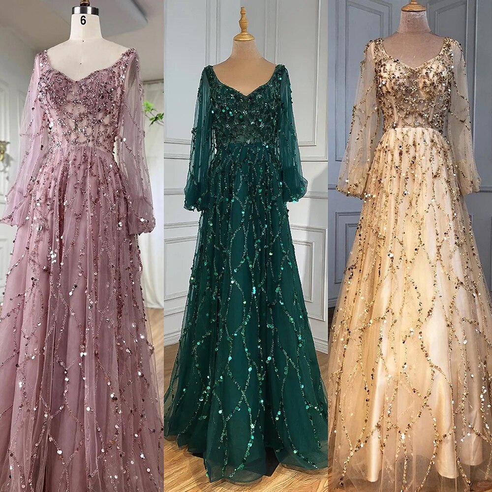 Serene Hill Muslim Gold Luxury A-Line Evening Dresses Gowns 2025 - Puff Sleeves Beaded Formal Party Dress for Women - Perfect for Weddings, Galas & Special Occasions