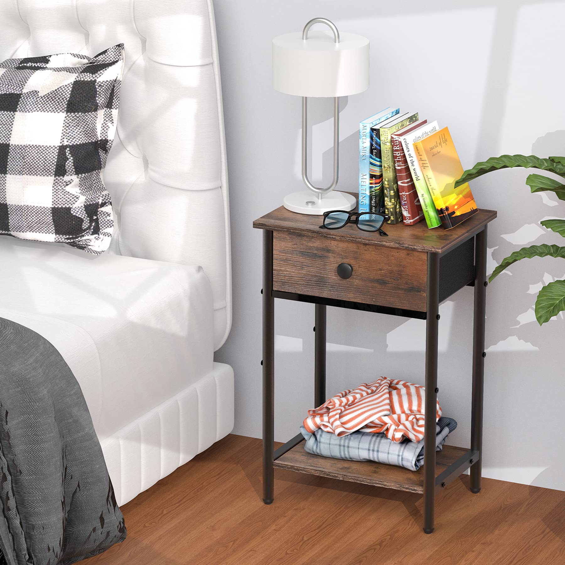 Rustic Night Stand with Drawer - 2-Tier Bedside Table for Small Spaces, Bedroom, Living Room, Study & Office - Perfect for Storage & Décor