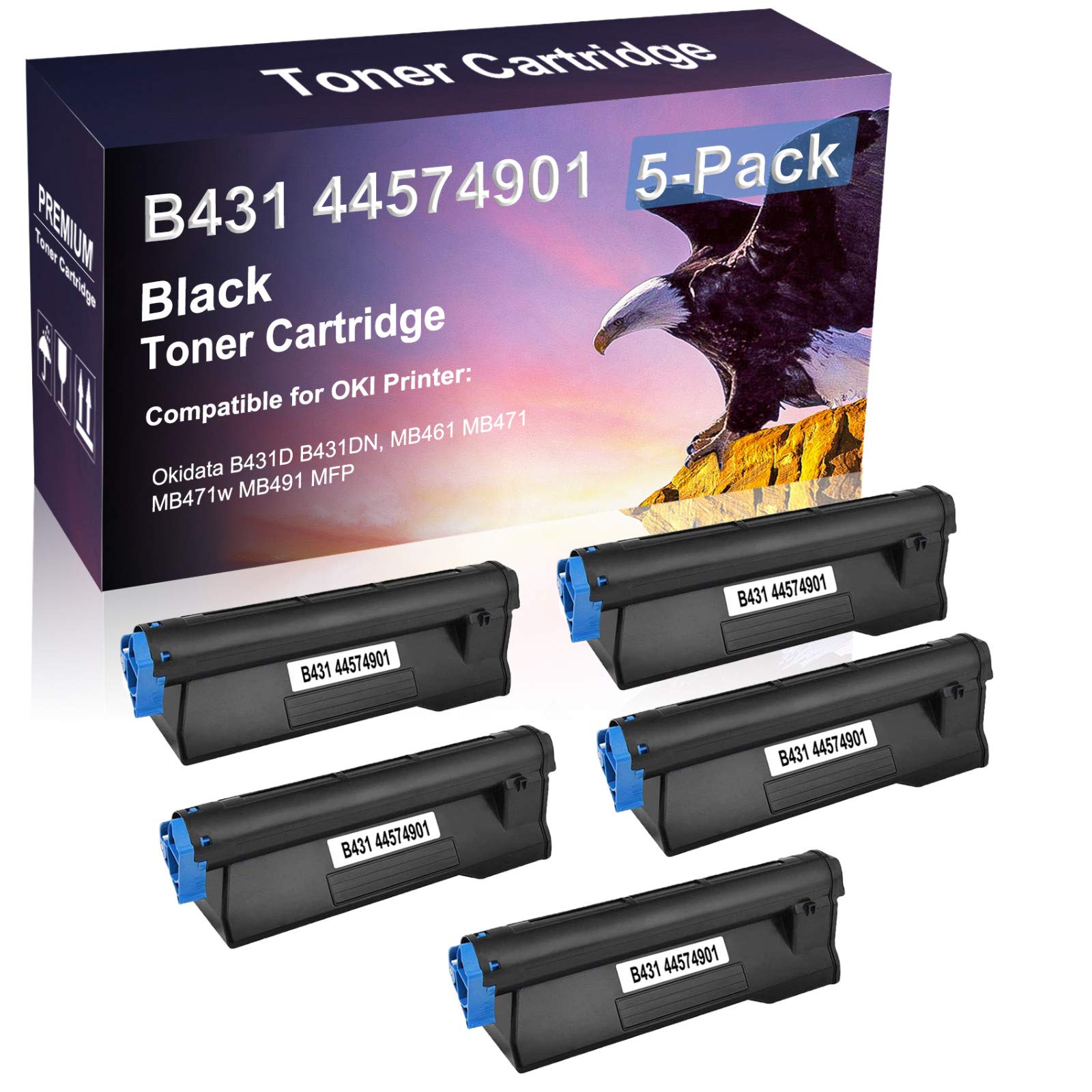 5-Pack Black High-Yield Compatible B431/44574901 Toner Cartridge for OKI Okidata B431D B431DN MB461 MB471 MB471w MB491 MFP Printers - Ideal for Office & Home Printing Needs