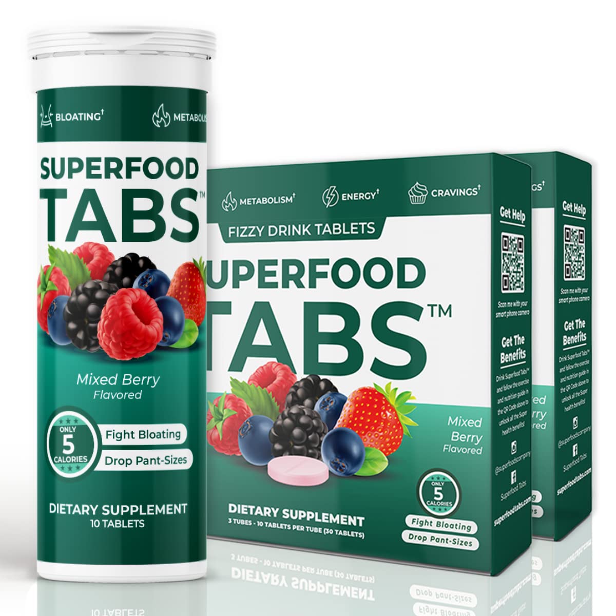 Superfood Tabs - Detox Cleanse Drink with Mixed Berry Flavor | Nutrition Supplement for Women & Men | Supports Healthy Weight, Digestive Health & Bloating Relief | 60 Tablets | Perfect for Daily Wellness Routine & Post-Workout Recovery