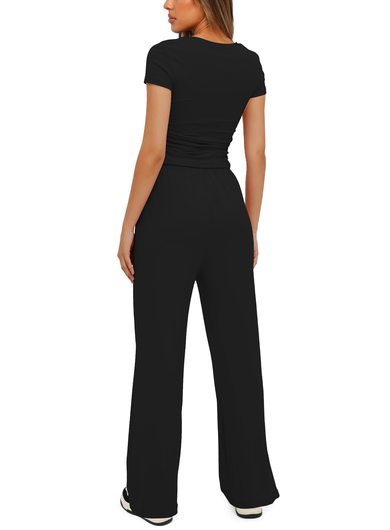 Darong Women's 2 Piece Lounge Set - Ruched Short Sleeve Top & High Waisted Wide Leg Pants Tracksuit Outfit | Comfortable Casual Wear for Home, Yoga, Travel & Everyday Fashion