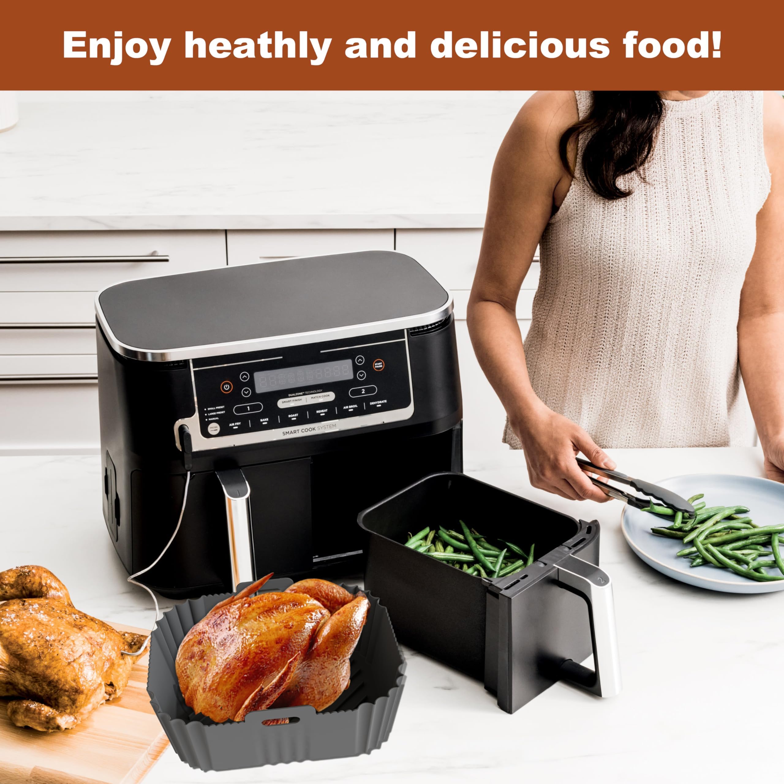2PCS Non-Stick Silicone Air Fryer Liners for Ninja DZ201/DZ401/DZ550 8-10 QT - Compatible with Ninja, Chefman, COSORI 2 Basket Air Fryers - Reusable Baking Tray Accessories for Healthier Cooking & Easy Cleanup - Perfect for Roasting, Baking, and Air Frying Chicken, Fries, and Vegetables