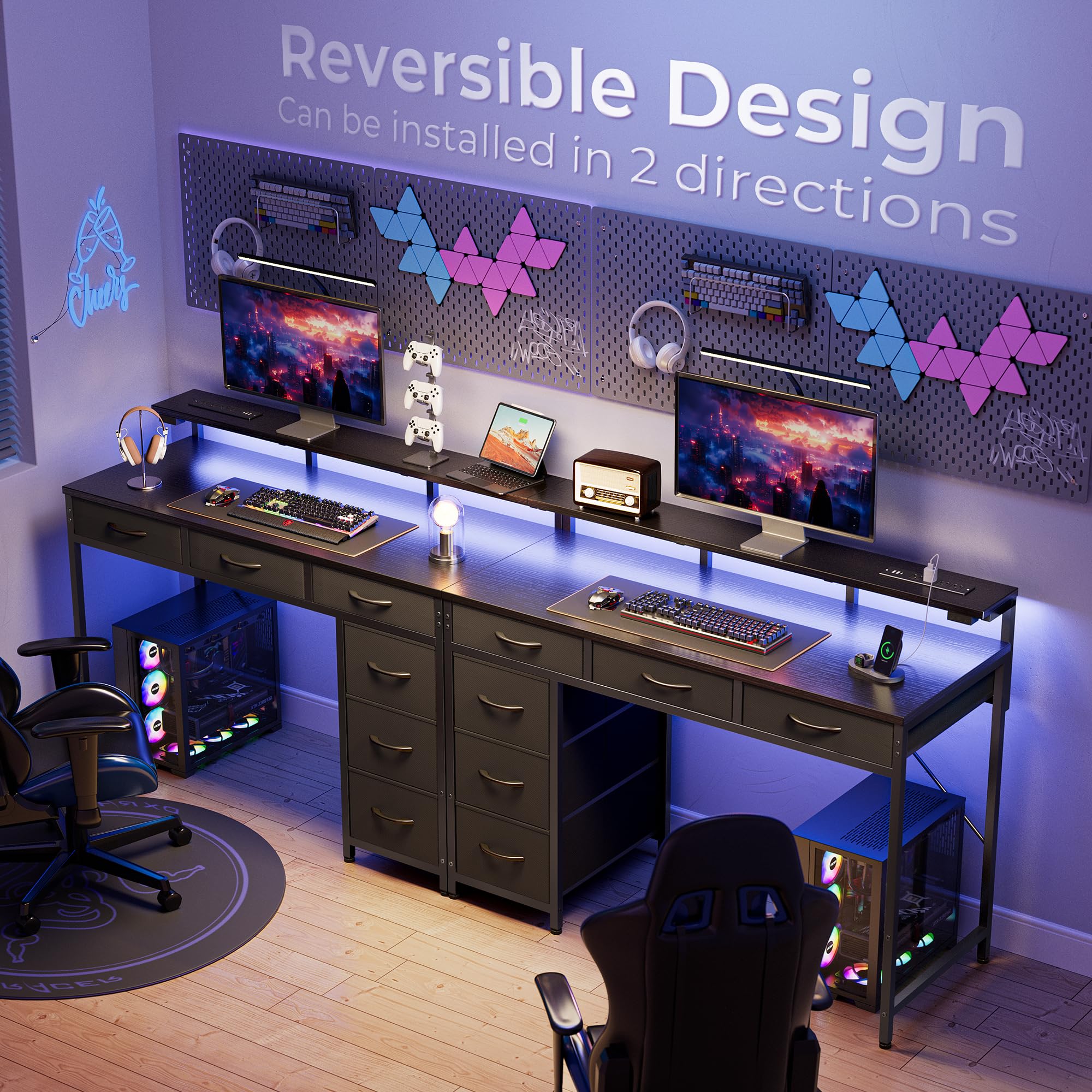 Huuger 39 Inch Gaming Desk with LED Lights, Power Outlets & USB-C - 6 Drawer Computer Desk with Monitor Stand & Storage - Ergonomic Writing Workstation for Home Office, Study Room or Bedroom - Perfect for PC Gaming, Remote Work & Online Classes (Black)