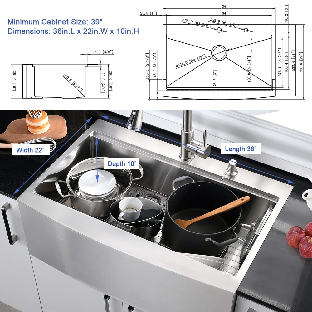 36 Inch Farmhouse Drop-In Kitchen Sink Workstation - Hovheir 36x22 Stainless Steel Single Bowl Apron Front Sink with Cutting Board | 16 Gauge Rust-Resistant | Perfect for Country Style Kitchens & Food Prep Stations